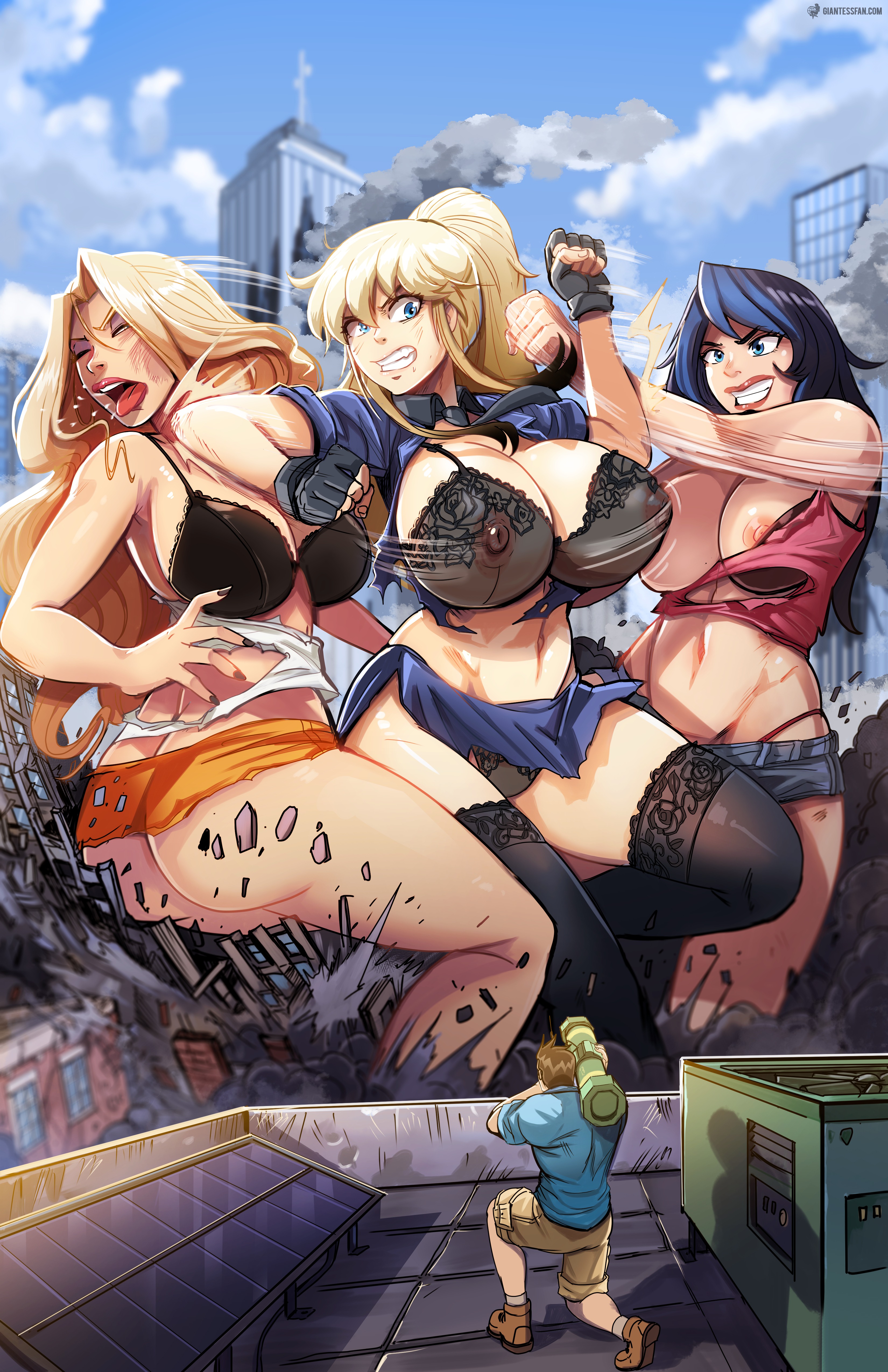 1boy, 2d, 3girls, angry, bare midriff, big breasts, big butt, black hair, blonde hair, blue eyes, bobby (giantess-fan-comics), bra, breasts, brown hair, building, catfight, city, clair (giantess-fan-comics), clothing, crossover, damaged clothes, day, destruction, drawing, elbowing, female, fight, giantess, giantess-fan-comics, gigantic ass, gigantic breasts, hmage, huge breasts, large breasts, long hair, male, nipples, officer nikki, original, outdoors, panties, police, police uniform, policewoman, punch, punching, rocket launcher, roof, shirt, shorts, size difference, standing, stockings, thick thighs, torn clothes, torn clothing, torn shirt, trixie (giantess-fan-comics), underwear