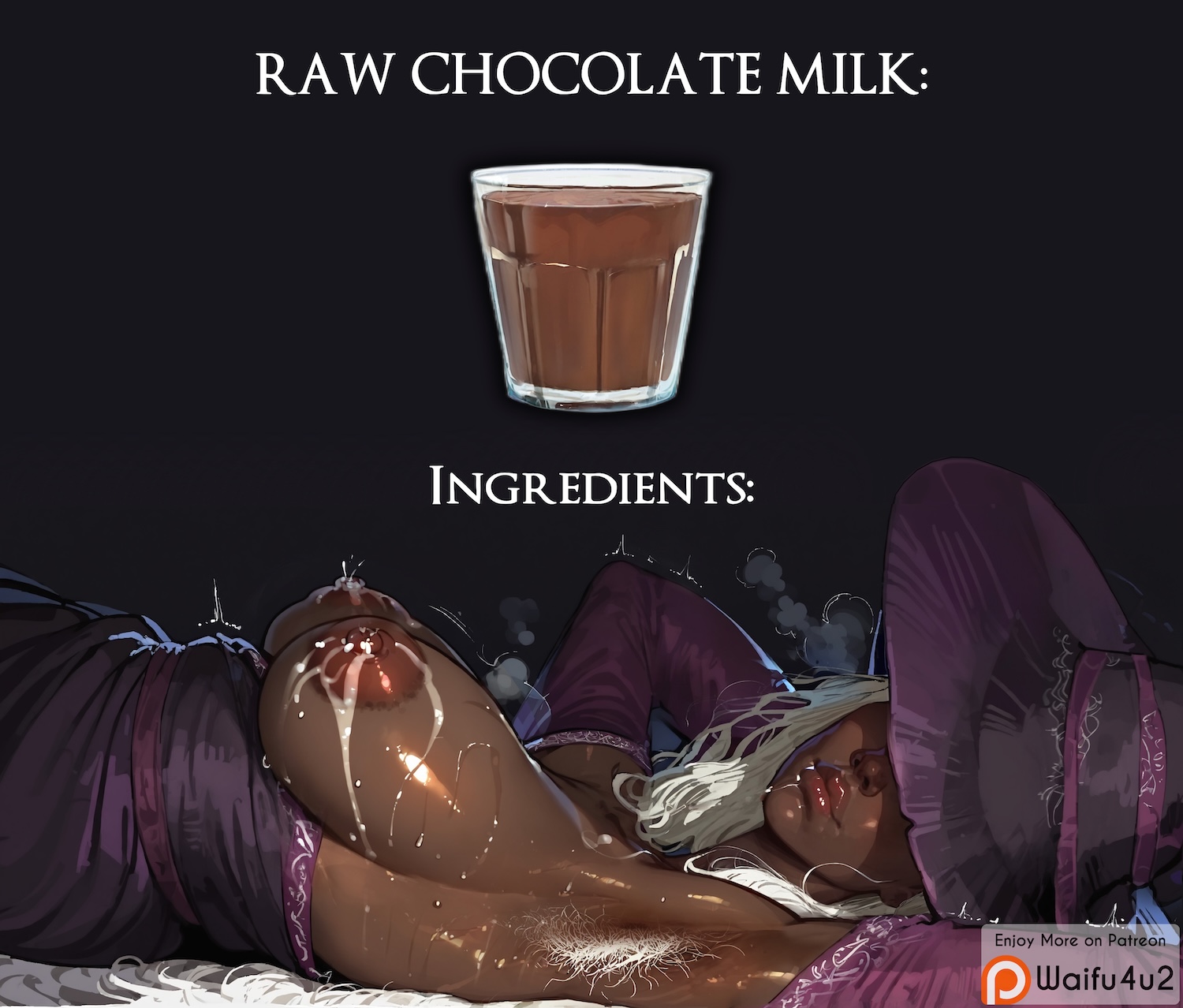 1girls, ai generated, armpit hair, black background, dark skin, dark-skinned female, ebony, elden ring, elden ring nightreign, female, female only, fromsoftware, got milk?, lactating, meme, milk, nipples, no bra, patreon logo, recluse (nightreign), uncensored, waifu4u2, watermark, white hair, witch hat