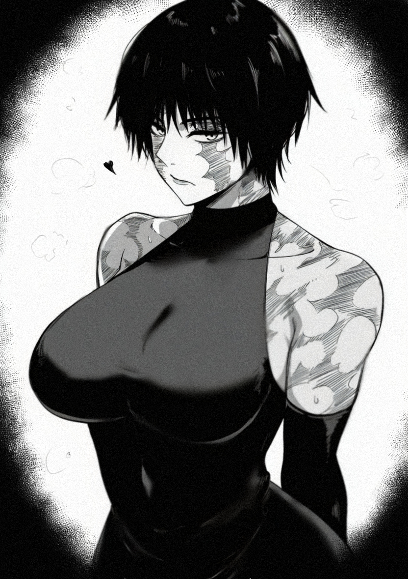 1girls, 2025, bare legs, black and white, breasts, burn scar, clothed, clothing, female, female only, heart, jujutsu kaisen, looking away, rethoven, scar, shounen jump, solo, sweat, sweatdrop, zenin maki