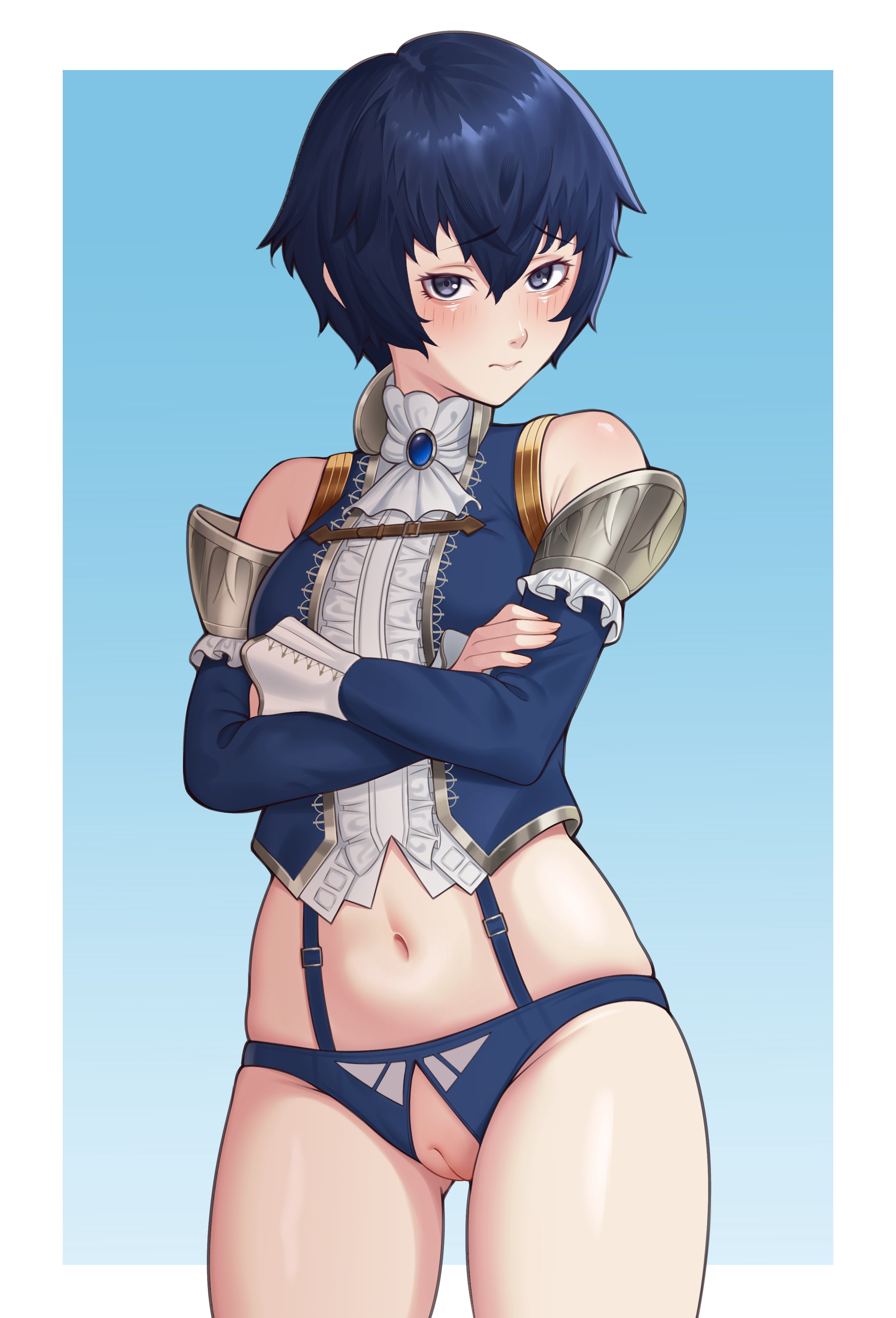 1girls, blue eyes, blue hair, blush, coronet armor (persona), crotchless panties, eyebrows, eyebrows visible through hair, eyelashes, female, female focus, female only, hair, hairless pussy, high-cut armor (persona), looking at viewer, official alternate costume, persona, persona 4, persona 4 the golden, pussy, shirogane naoto, short hair, solo, solo female, tomiiate