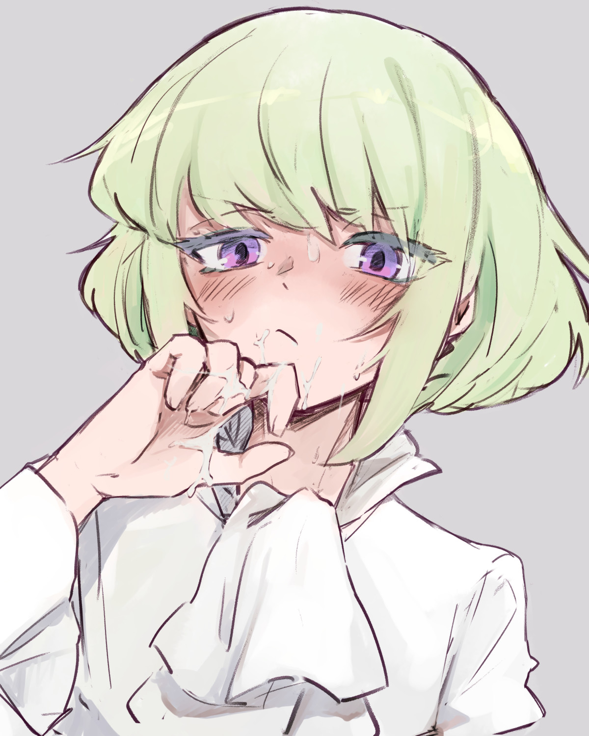 1boy, after sex, androgynous, aus vaka, blush, bob cut, clothed, clothing, cum, cum on face, embarrassed, face focus, femboy, femboy only, lio fotia, promare, short hair, solo, twink