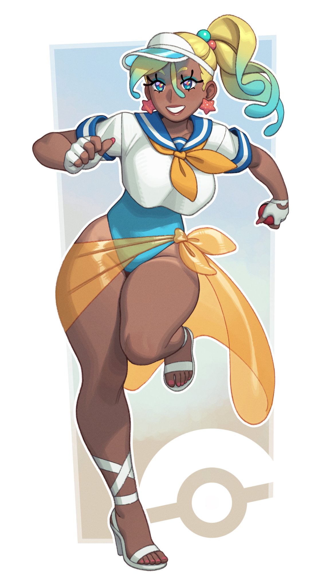 1girls, big breasts, blonde hair, blue eyes, blue eyeshadow, blue hair, dark-skinned female, dyed hair, eyeshadow, fingerless gloves, gloves, gyaru, high heels, leotard, nail polish, oc, one-piece swimsuit, original, painted nails, pink nails, pokeball, pokemon, rizdraws, sailor collar, sandals, serafuku, swimsuit, tan body, trainer/pokemon, white gloves, wide hips