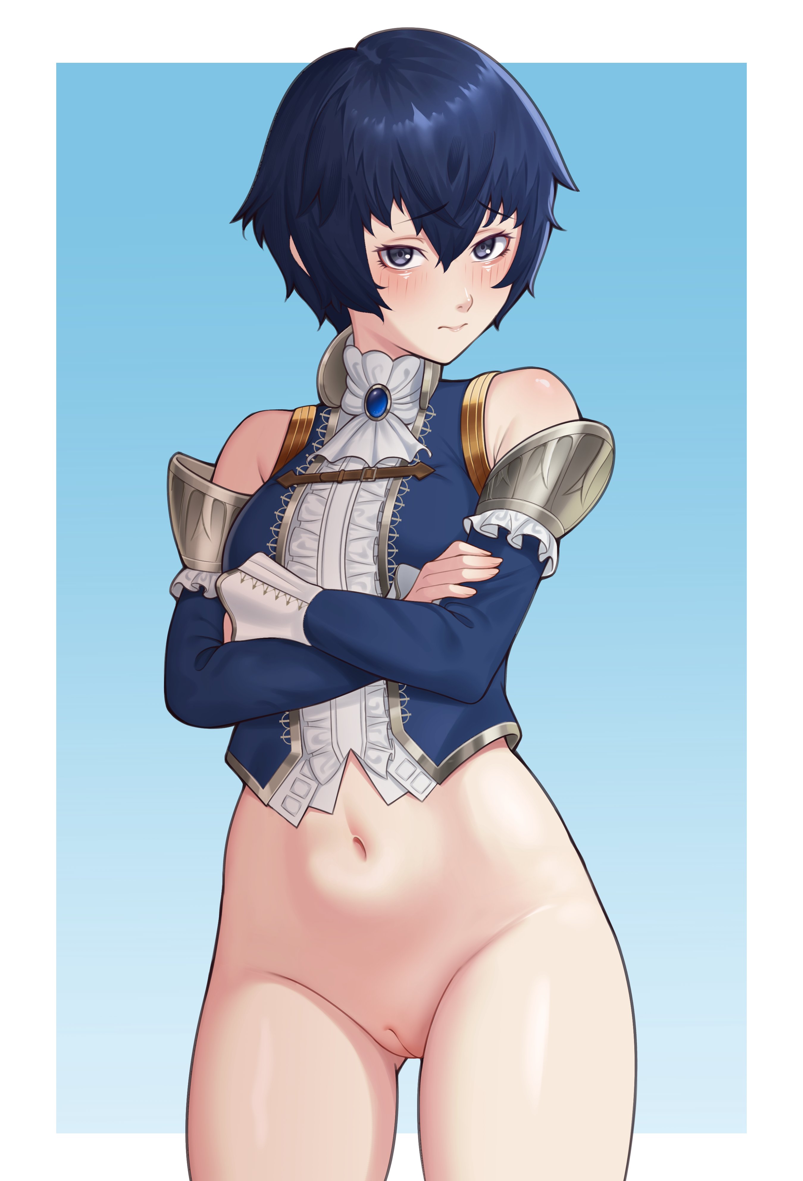 1girls, blue eyes, blue hair, blush, bottomless, coronet armor (persona), eyebrows, eyebrows visible through hair, eyelashes, female, female focus, female only, hair, hairless pussy, high-cut armor (persona), looking at viewer, no panties, official alternate costume, persona, persona 4, persona 4 the golden, pussy, shirogane naoto, short hair, solo, solo female, tomiiate