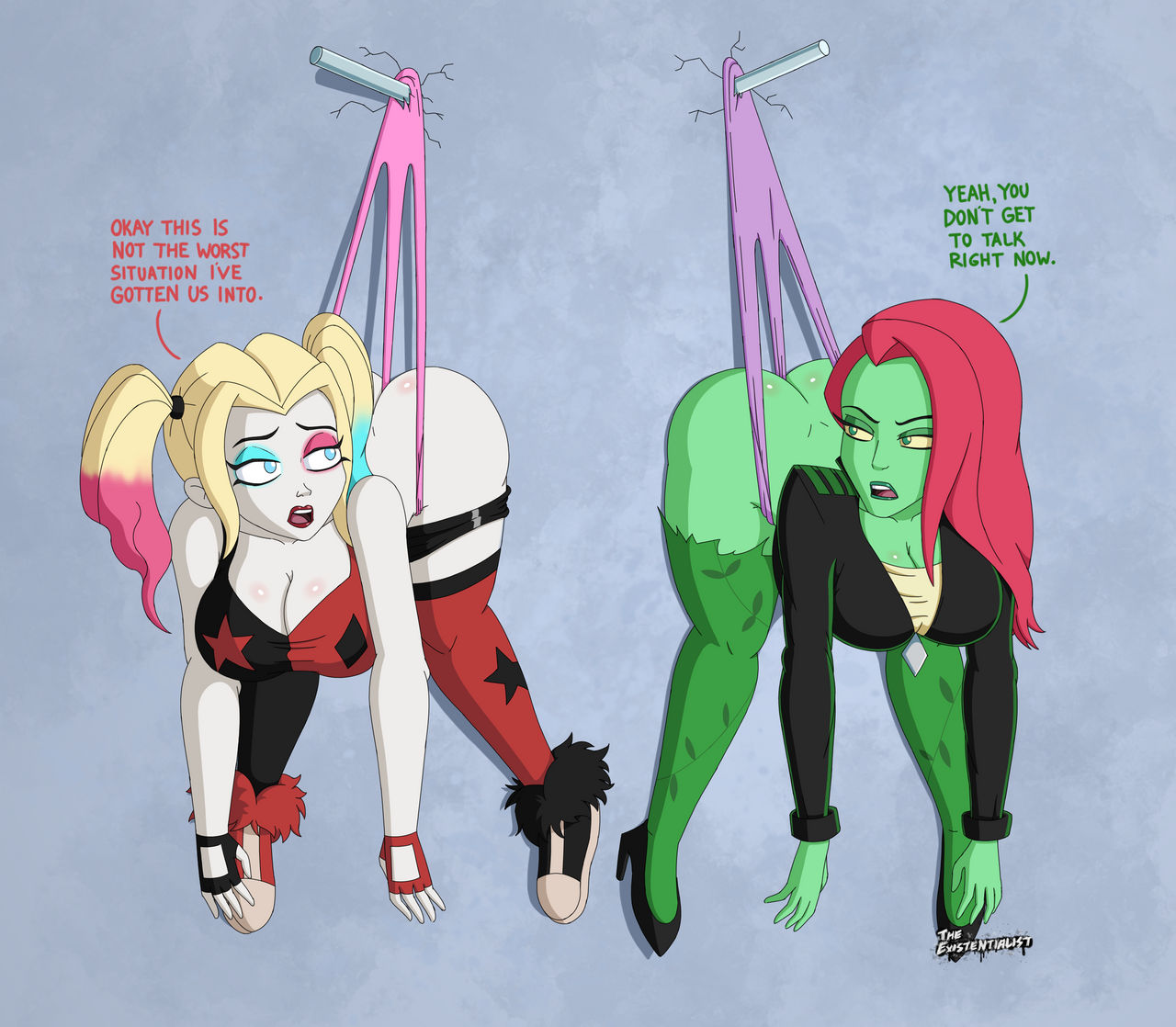 2d 2girls big_ass big_breasts blonde_hair blue_eyes blue_hair choker cleavage clothing dc dc_comics fingerless_gloves footwear green-skinned_female green_eyes green_skin handwear hanging_wedgie harley_quinn harley_quinn_(series) high_heels jacket large_ass large_breasts multicolored_hair pamela_isley panties pink_hair pink_panties poison_ivy purple_panties red_hair streaked_hair text the_existentialist theexistentialist thick_thighs torn_clothes twintails wedgie