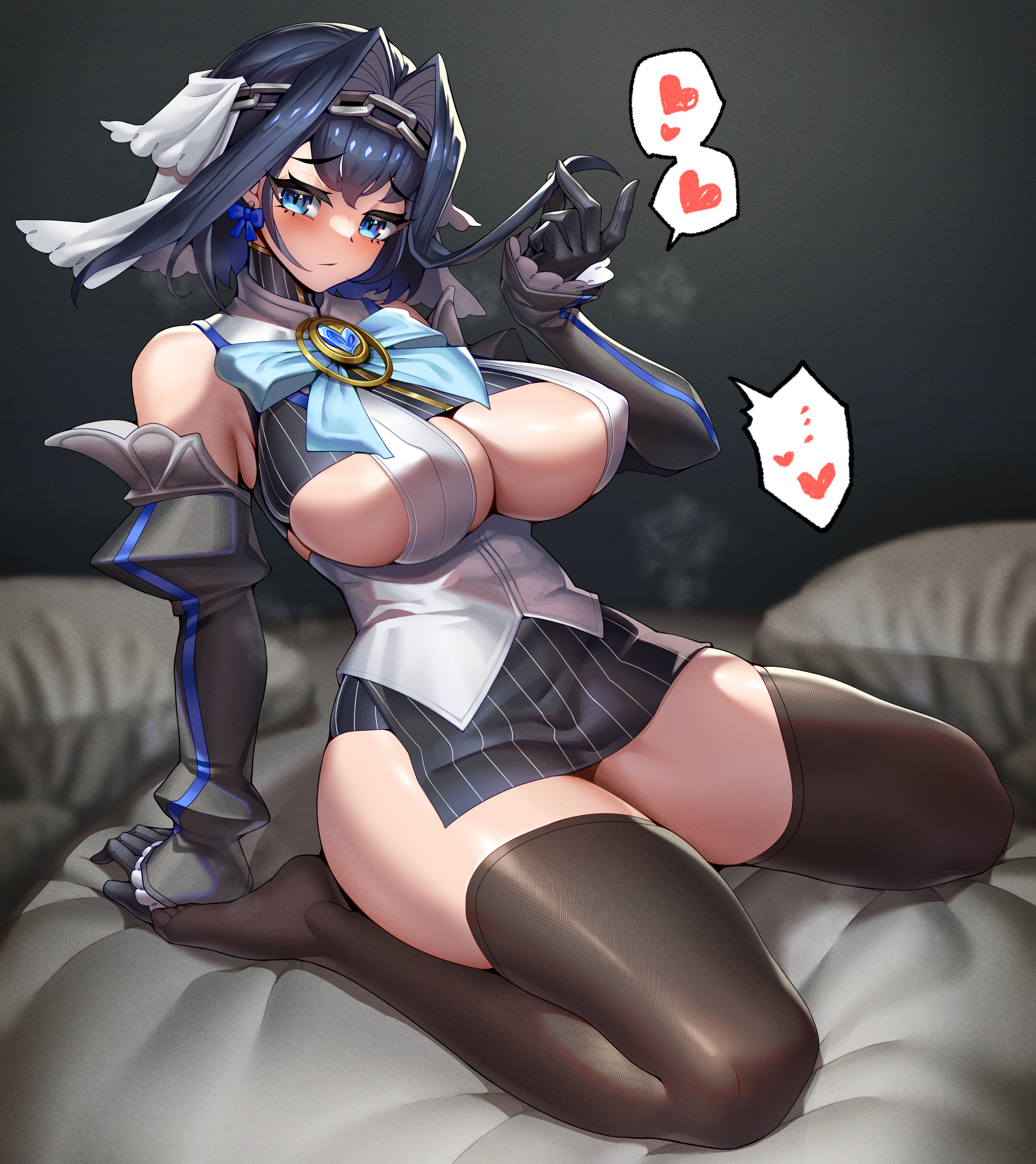 1girls, 2021, alternate version available, asymmetrical clothes, black gloves, black legwear, blue bow, blue cape, blue hair, blue ribbon, blush, bow, bow earrings, breasts, cape, chains, cleavage cutout, clothing cutout, covered nipples, detached sleeves, earrings, eyebrows visible through hair, female, female only, gloves, hair intakes, head chain, headband, heart, heart-shaped gem, high resolution, highres, hololive, hololive english, hololive english -council-, hololive english -promise-, jewelry, large breasts, looking at viewer, miniskirt, niur, ouro kronii, ribbon, ribbon earrings, sailor collar, seiza, shiny, shiny hair, shiny skin, shirt, short hair, skindentation, skirt, sleeveless, sleeveless shirt, solo, sweater, thighs, turtleneck, turtleneck sweater, underboob, veil, virtual youtuber, zipper