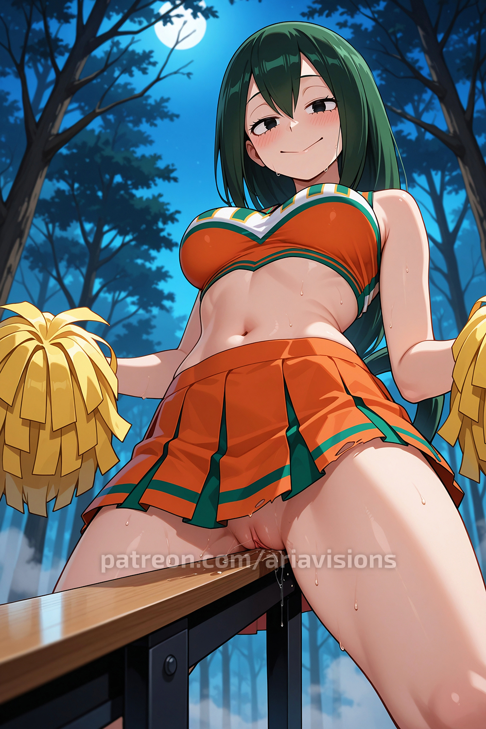 1girls, ai generated, ariavisions, black eyes, blush, boku no hero academia, bottomless, cheerleader, cheerleader uniform, corner masturbation, crotch rub, female, green hair, green-haired female, hair between eyes, hair loop, hair ribbon, happy, horny, humping, looking at viewer, masturbation, my hero academia, no panties, pussy, rubbing pussy, sidelocks, tsuyu asui, wet pussy
