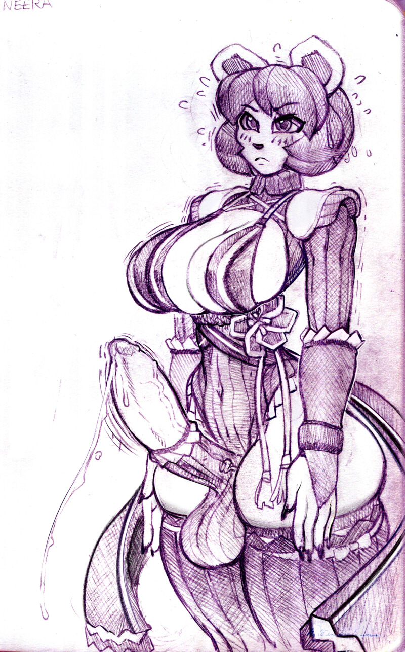 1futa, animal ears, anthro, balls, balls under clothes, bear, blush, breasts, cleavage, freedom planet, freedom planet 2, furry, futanari, huge cock, intersex, leggings, mammal, neera li, panda, panda ears, penis, penis clothing, precum, short hair, sketch, snao, solo, solo futa, standing at attention, throbbing