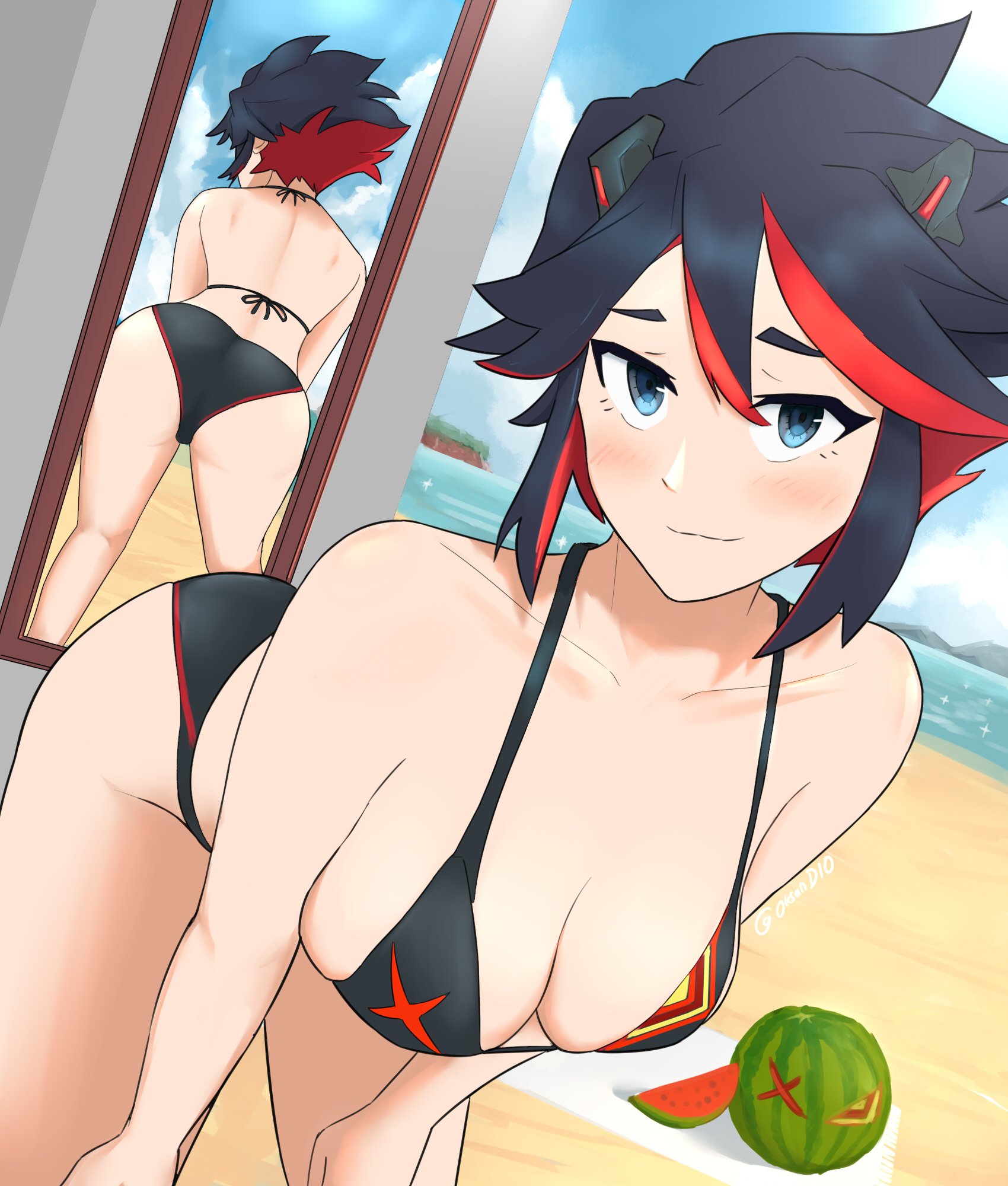 1girls, alternate costume, ass, beach, bent over, bikini, black hair, black-haired female, blue eyes, breasts, female, food, kill la kill, light skin, looking at viewer, matoi ryuuko, mirror, moe grenadier, ocean, oksandio, outdoors, outside, red hair, sand, senketsu, short hair, solo, water, watermelon