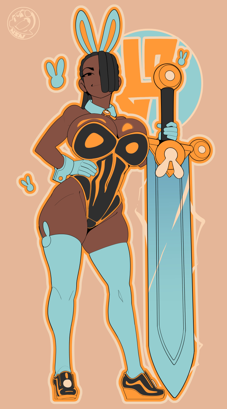1girls, african, african female, big ass, big breasts, big sword, black hair, breasts, bunny ears, bunnysuit, cleavage, dark skin, dark-skinned female, female, female only, gloves, neozoa, nz naughty, original character, simple background, solo, stockings, sword, thick thighs