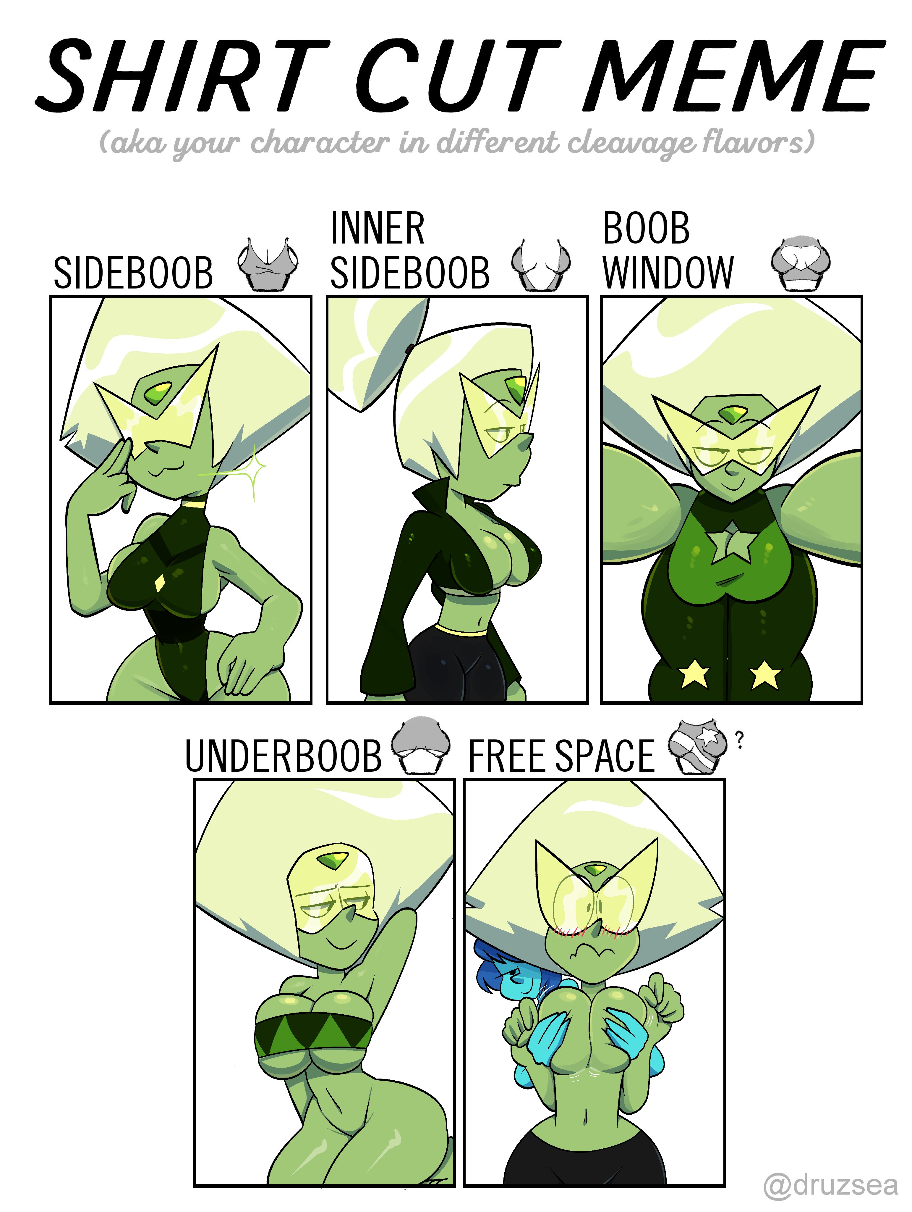 :3, breast grab, breasts, cartoon network, chart, cleavage, cleavage cutout, female, from behind, gem, gem (species), green eyes, green skin, lapis lazuli (steven universe), meme, peridot (steven universe), shirt cut meme, sideboob, smile, steven universe, sunglasses, sweetdandy, underboob, visor, yellow hair