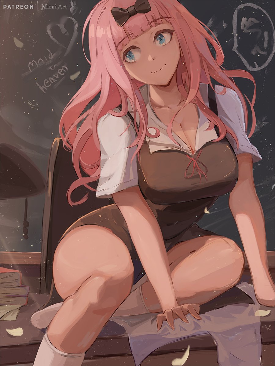 1girls, 2021, artist signature, bangs, bare legs, big eyes, blue eyes, bow, bow in hair, breasts, chalkboard, cleavage, clothed, clothed female, desk, eyebrows visible through hair, feet, female, female focus, female only, fujiwara chika, hips, huge breasts, indoors, kaguya-sama wa kokurasetai ~tensai-tachi no renai zunousen~, kneehighs, lamp, long hair, looking to the side, miraihikari, no shoes, pink hair, ribbon, school uniform, schoolgirl, shiny hair, shiny skin, sitting on desk, slim waist, smile, smiling, socks, thick thighs, thighs, tight clothing, tight fit, white socks, wide hips