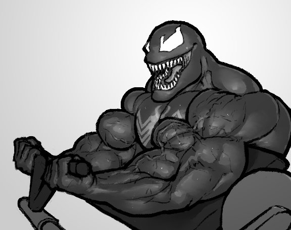 1boy bara biceps grin gym_equipment huge_muscles male_only marvel monochrome muscular muscular_arms muscular_male muscular_neck pecs ripped-saurian skinsuit solo spider-man_(series) straight_hair symbiote tongue triceps veiny_muscles venom venom_(marvel)