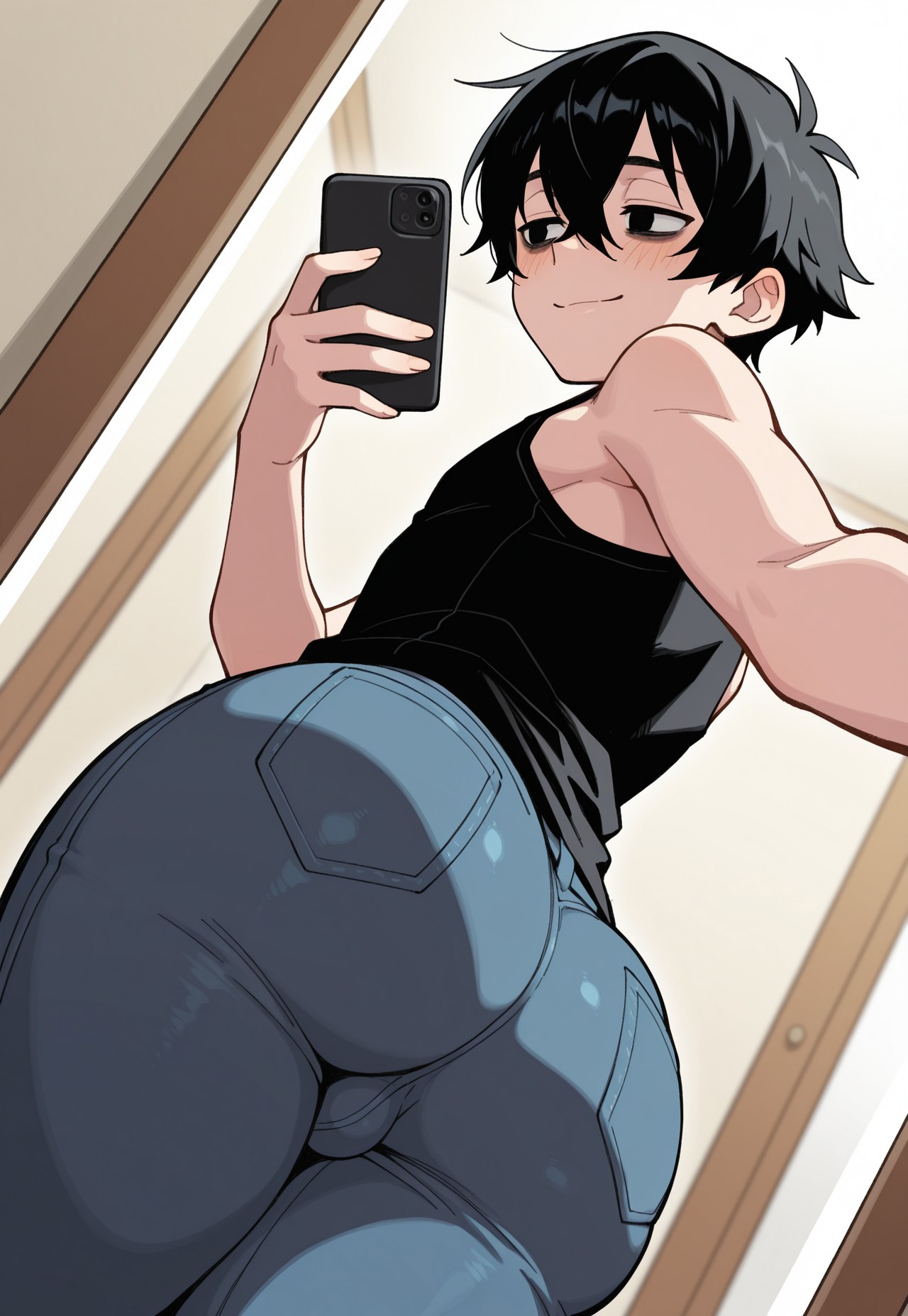 1boy, 1femboy, 2025, ai generated, alternate version available, ass, balls, big ass, black hair, blue jeans, blush, cellphone, clothed, clothed femboy, clothing, dark hair, dispatcher2, doomer boy, femboy, feminine male, girly, holding cellphone, holding phone, holding smartphone, indoors, jeans, male, mirror selfie, pants, phone, selfie, smartphone, solo, testicles, thick thighs, thighs, tight jeans, tight pants, trap, wojak comics