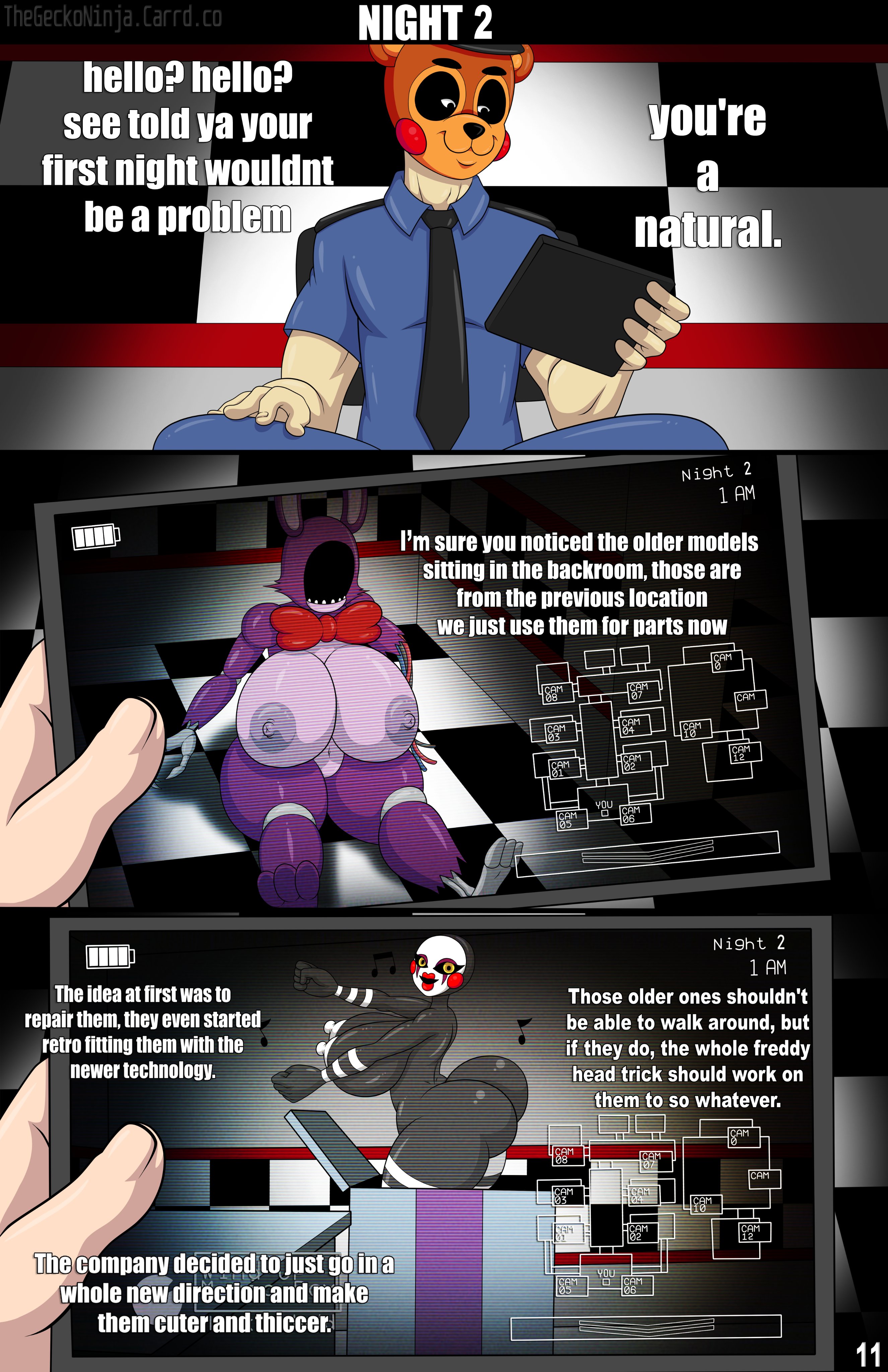 1boy, 2girls, animatronic, ass bigger than head, big ass, big breasts, big thighs, bonnie (fnaf), breasts, breasts bigger than head, camera view, curvaceous, curvy, curvy figure, dialogue, digital media (artwork), female, five nights at freddy's, five nights at freddy's 2, hips, hourglass figure, huge ass, huge breasts, huge thighs, human, humanoid, large ass, large breasts, large thighs, legs, male, marionette (fnaf), mature, mature female, mature male, night guard, night guard (fnaf), nightguard, puppet, puppet (fnaf), rabbit, rabbit girl, rabbit humanoid, robot, robot girl, scottgames, security guard, slim waist, thegeckodemon, thegeckoninja, thick, thick hips, thick legs, thick thighs, thighs, thighs bigger than head, voluptuous, waist, wide hips, wide thighs, withered bonnie