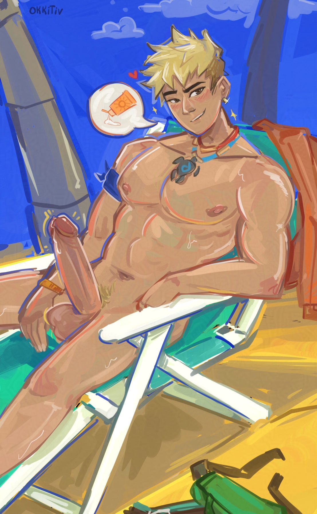 1boy, 2d, abs, athletic, athletic male, beach, blonde hair, erect penis, erection, highres, male, male focus, male only, nude, nude male, okkitiv, outside, overwatch, overwatch 2, poolside wuyang, pubic hair, public, public nudity, sand, solo male, wuyang