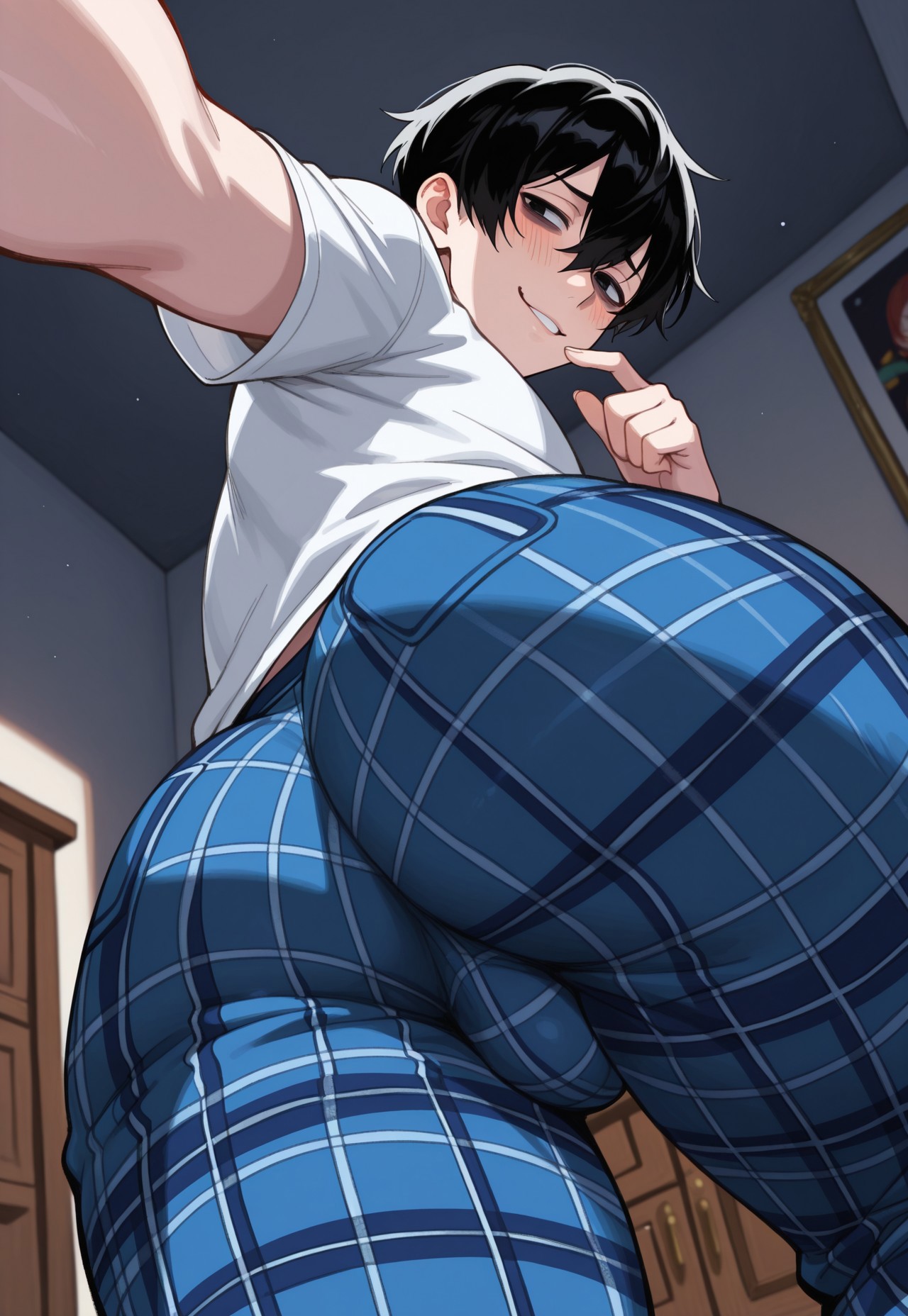 1boy, 1femboy, 2025, ai generated, alternate version available, ass, balls, big ass, black hair, blue pants, blush, clothed, clothed femboy, clothing, dark hair, dispatcher2, doomer boy, femboy, feminine male, girly, indoors, male, pants, selfie, solo, testicles, thick thighs, thighs, tight pants, trap, wojak comics