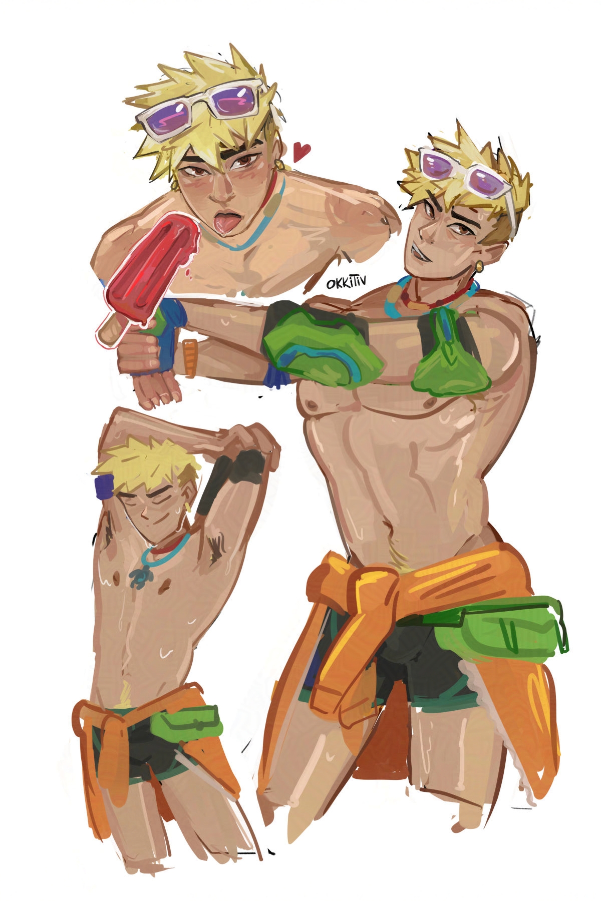 1boy, abs, athletic, athletic male, blonde hair, male, male only, no visible genitalia, okkitiv, overwatch, overwatch 2, poolside wuyang, solo male, wuyang