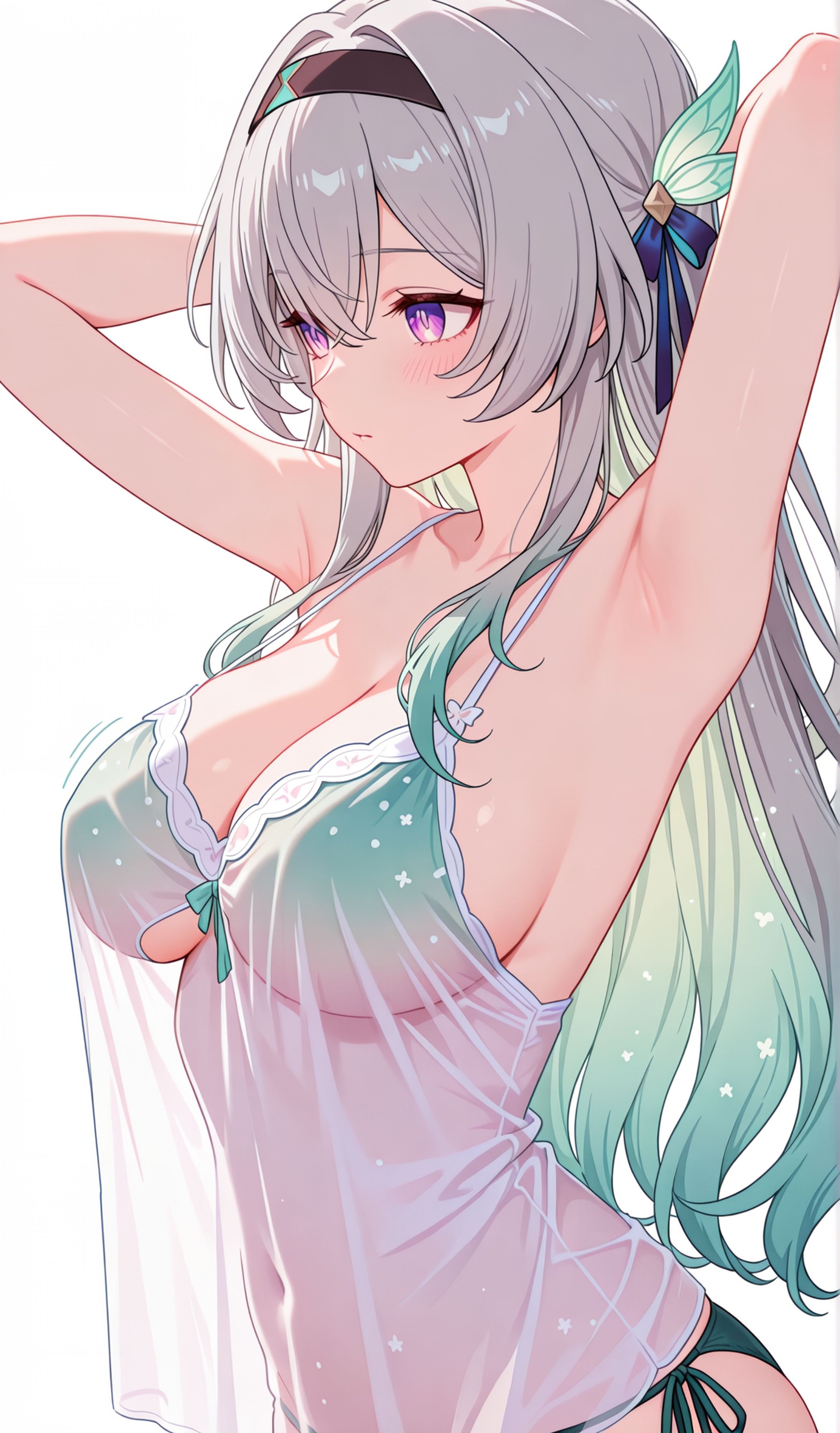 1girls, ai generated, armpits, breasts, female, firefly (honkai: star rail), grey hair, honkai: star rail, large breasts, long hair, purple eyes, sideboob