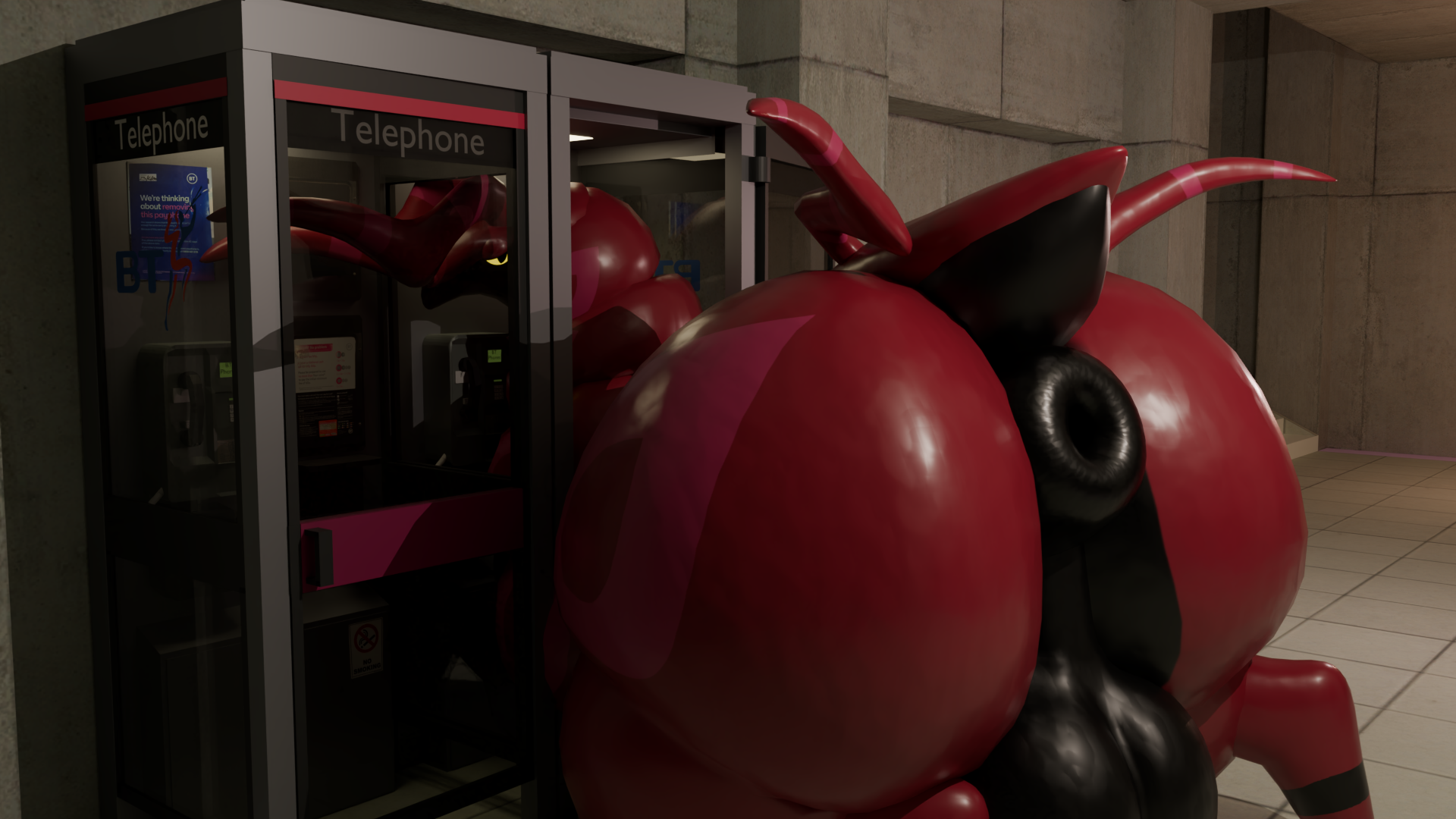 3d (artwork), anus, balls, big balls, british, digital media (artwork), dim lighting, feral, gay, gay anal, gay male, generation 5 pokemon, genitals, hi res, looking back, male, nintendo, phone booth, pokemon, pokemon (species), puffy anus, quadruped, scolipede, solo, stuck
