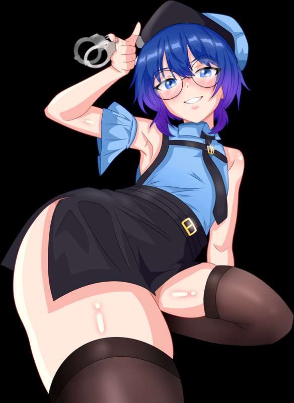 belt, blue eyes, blue hair, debussy asmr, femboy, femboy only, femboy thighs, glasses, handcuffs, male, police hat, police officer, police uniform, skirt, thick thighs, thighs, unknown artist