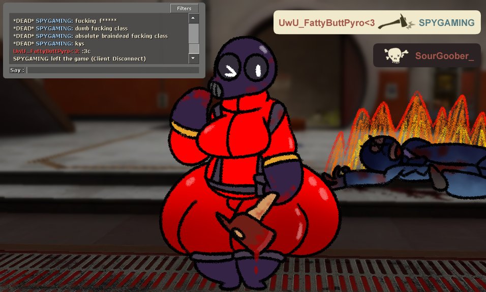 big breasts, breasts, death, female, fempyro, lewdyoshyboy, male, male death, male ryona, pyro, pyro (team fortress 2), rule 63, tagme, team fortress 2, thick thighs, wide hips