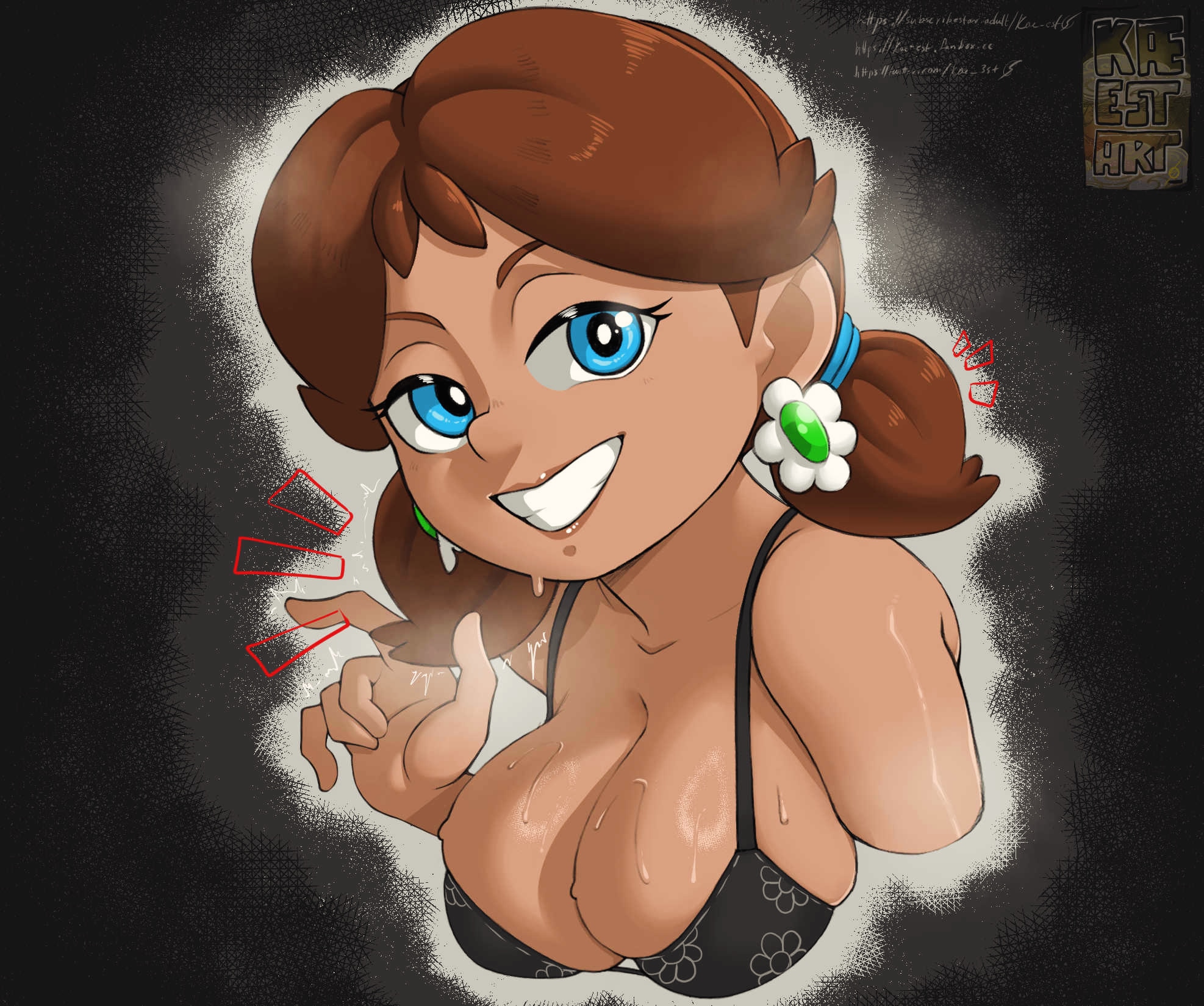 1girls, bikini top, blue eyes, breasts, brown hair, bust, busty, cleavage, dark skin, dark-skinned female, earrings, female, flower earrings, kae-est art, large breasts, low twintails, mario (series), princess daisy, short tail, solo, super mario bros., sweat, sweaty breasts