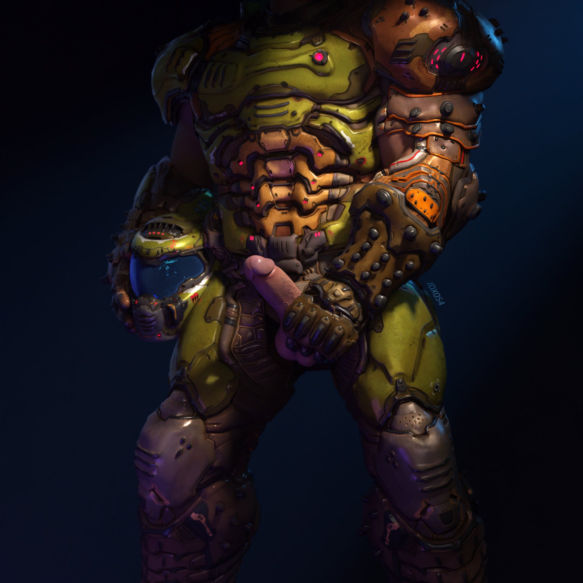 1boy, balls, bara, doom, doom slayer (doom), jdx054, light skin, light-skinned male, male, male focus, male only, masculine, mask, masked, masked male, muscular, muscular male, penis, solo, solo male
