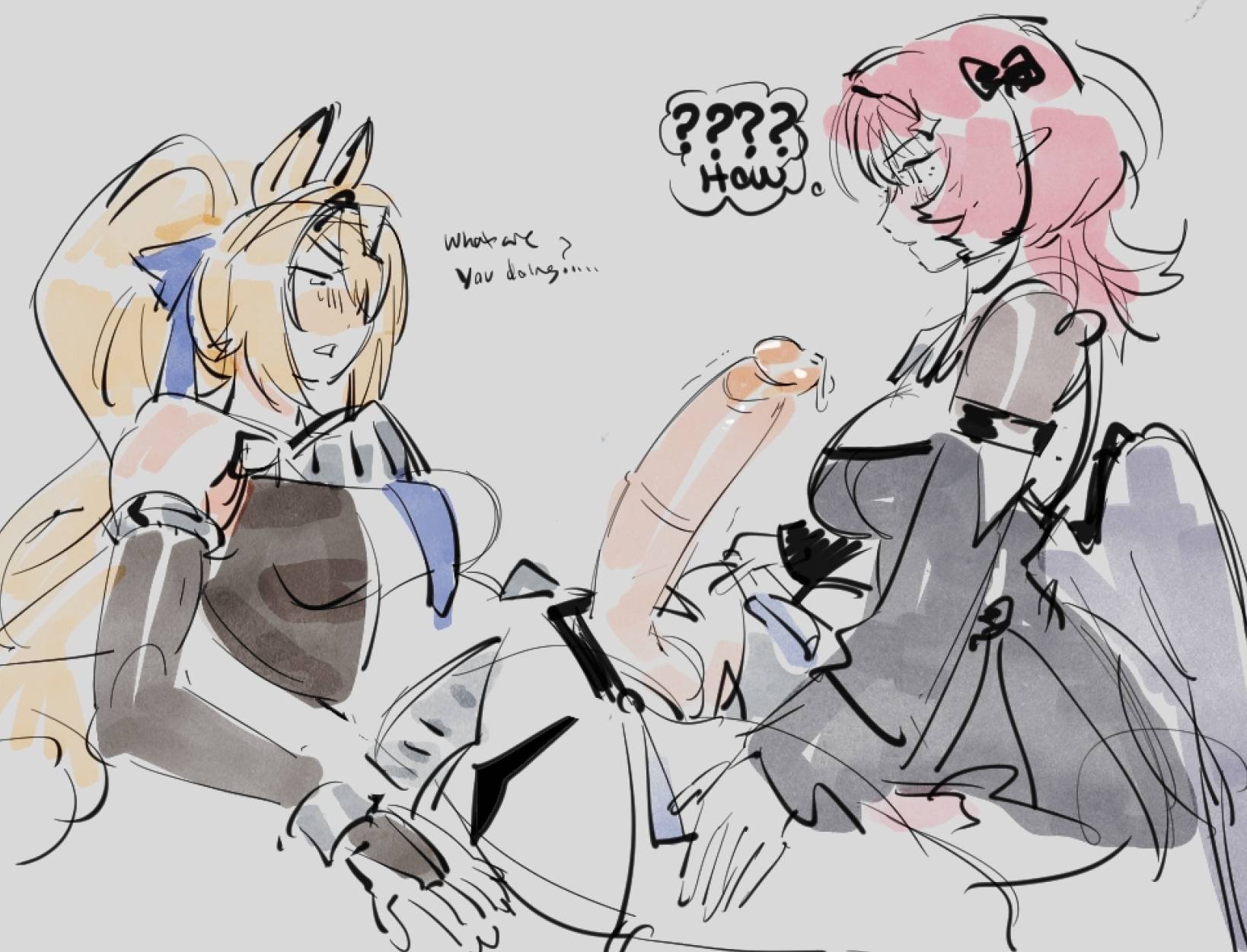 1futa, 1girls, big boobs, big breasts, big cock, big dick, big penis, big tits, blonde, blonde female, blonde hair, boobs, breasts, clothed, clothes, clothing, cock shock, dickgirl, female, female focus, futanari, horse penis, horsecock, hoyoverse, huge cock, penis, penis awe, pink hair, remielle dan, remielle dan (moonlight whispers), sigrid (zenless zone zero), sigrid de l'azur, sweeter kiwiis, text, tits, zenless zone zero