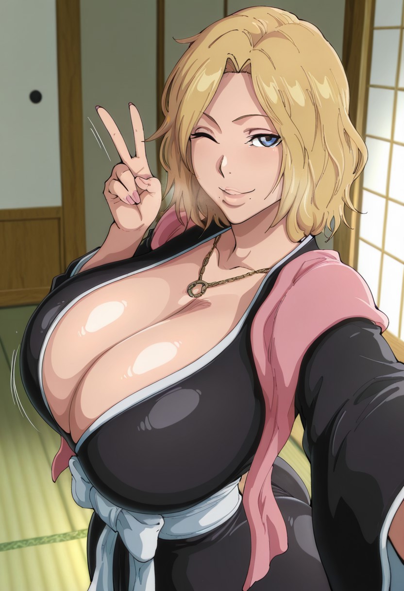 1girls, ai generated, ass, big ass, big breasts, bleach, bleach: the thousand-year blood war, blonde hair, blue eyes, breasts, female, female only, gode777ai, huge breasts, light-skinned female, matsumoto rangiku, peace sign, selfie, short hair, smile, solo, wink