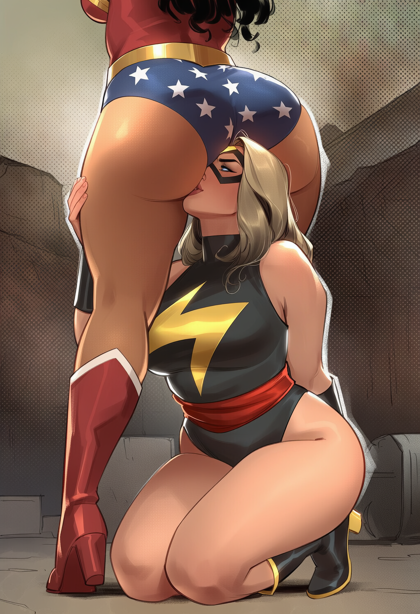 2girls, ai generated, amazon, ass, ass focus, ass worship, avengers, big ass, big breasts, big thighs, breasts, captain marvel, carol danvers, crossover, curvaceous, curvy, curvy figure, dc, dc comics, diana of themyscira, diana prince, digital media (artwork), female, head on ass, hips, hourglass figure, huge ass, huge breasts, huge thighs, justice league, large ass, large breasts, large thighs, legs, light skin, light-skinned female, marvel, marvel comics, mature, mature female, ms. marvel, ms. marvel (carol danvers), phophopho, round ass, slim waist, themysciran, thick, thick hips, thick legs, thick thighs, thighs, voluptuous, waist, wide ass, wide hips, wide thighs, wonder woman, wonder woman (series)