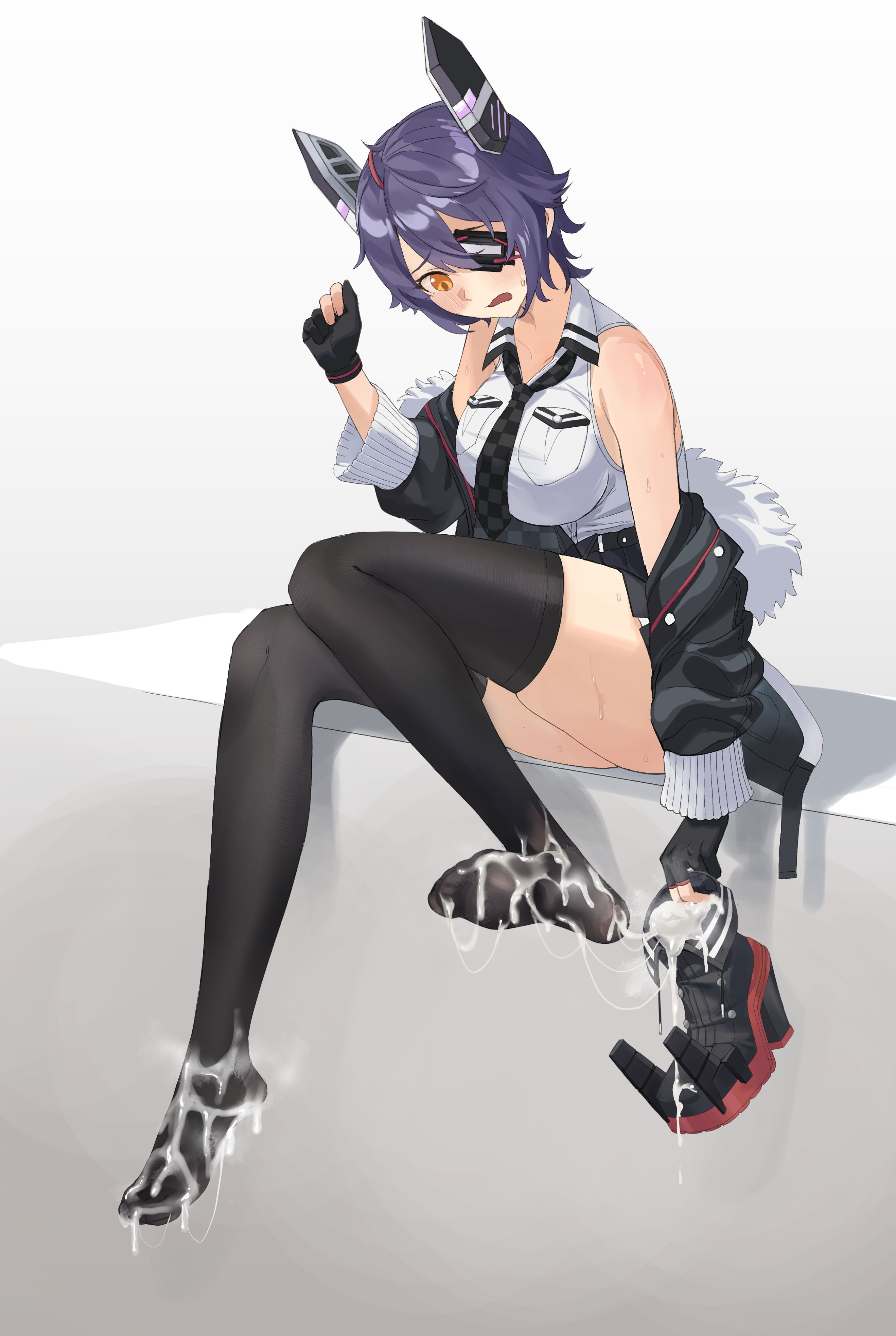 absurdres, bare shoulders, black gloves, black jacket, black skirt, breast pocket, breasts, checkered necktie, chuck (harfmoondark), closed mouth, cum, cum in footwear, cum on body, cum on clothes, cum on feet, cum on legwear, cum string, eyepatch, feet, female, foot fetish, full body, gloves, hair between eyes, headgear, high-waist skirt, highres, jacket, kantai collection, large breasts, long legs, messy hair, miniskirt, necktie, no shoes, open clothes, open jacket, partially fingerless gloves, pocket, purple hair, rudder footwear, school uniform, shirt, short hair, sitting, skirt, solo, standing, tenryuu (kancolle), tenryuu (kantai collection), tenryuu kai ni (kancolle), thighhighs, thighs, white shirt, yellow eyes