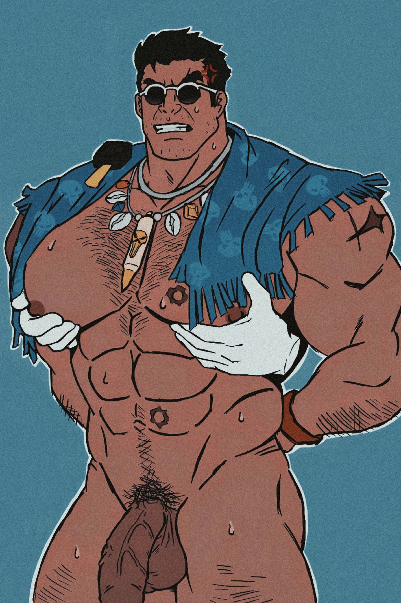 1boy, 1other, ambiguous gender, bara, beard, big pecs, big penis, breasts, chest hair, el doodlorado, flaccid, gay, grabbing from behind, hairy, hairy chest, hairy male, happy trail, huge cock, huge penis, male, male only, marvel, marvel comics, marvel rivals, muscular, muscular male, necklace, pecs, penis, pubic hair, punisher (aqua arsenal), punisher (francis castle), punisher (marvel comics), punisher (marvel rivals), solo focus, sunglasses, thick penis, treasure trail, veiny, veiny penis, yaoi