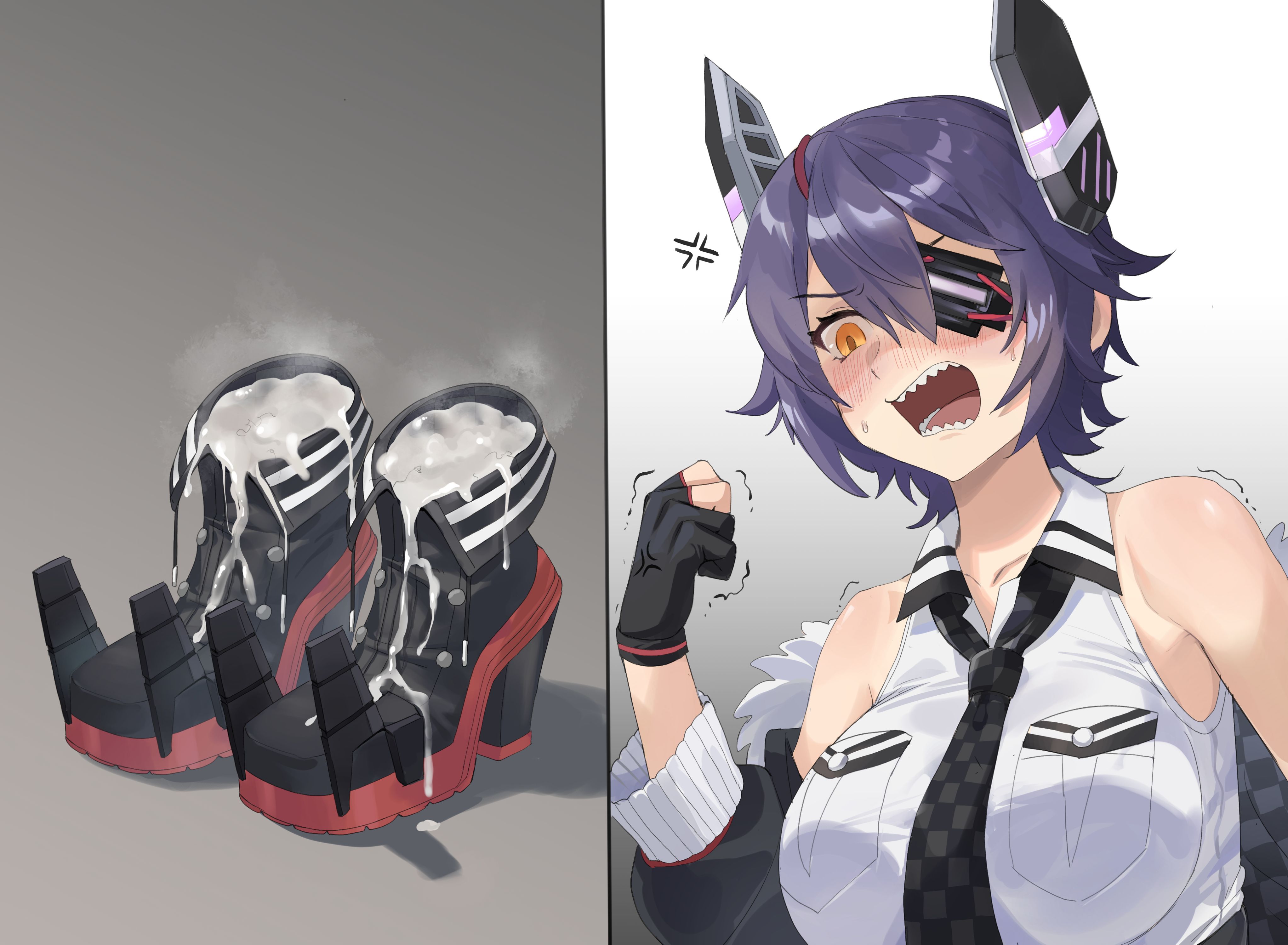 absurdres, anger vein, angry, bare shoulders, between breasts, black jacket, breasts, checkered necktie, chuck (harfmoondark), collarbone, commentary request, cum, cum in footwear, cum in shoe, cum in shoes, eyepatch, female, fingerless gloves, foot fetish, fur trim, fur-trimmed jacket, gloves, headgear, highres, jacket, kantai collection, large breasts, medium hair, messy hair, necktie, necktie between breasts, open mouth, pocket, purple hair, rudder footwear, sharp teeth, shirt, shoes, shoes only, shoes removed, sleeveless, sleeveless shirt, solo, tagme, teeth, tenryuu (kancolle), tenryuu (kantai collection), tenryuu kai ni (kancolle), white shirt, yellow eyes