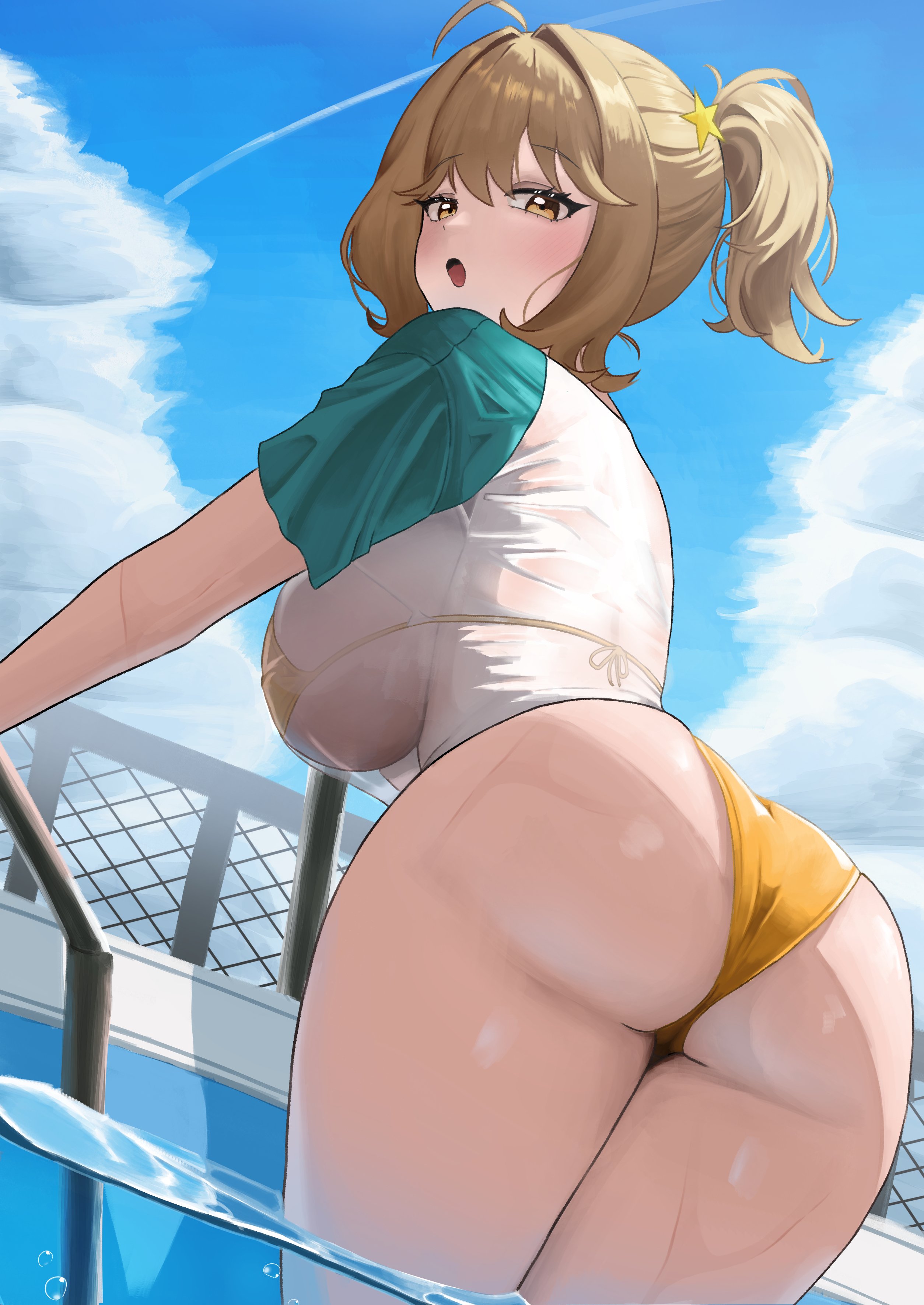 absurdres, alternate costume, anis (nikke), ass, bikini, blue sky, breasts, brown eyes, brown hair, commentary request, female, goddess of victory: nikke, highres, korean commentary, large breasts, looking at viewer, ponytail, pool, pool ladder, short hair, sky, small chair (xiaosaiyi33818), solo, swimsuit, two-tone shirt, wet shirt, wet t-shirt, xiaosaiyi33818, yellow bikini