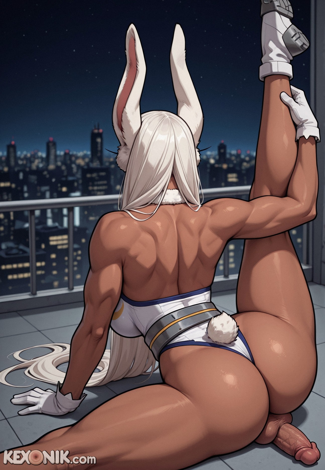 1futa, abs, ai generated, armpits, ass, ass focus, back view, balls, ballsack, bare shoulders, big, boku no hero academia, breasts, brown skin, bunny ears, cock, covered, crescent print, dick, dickgirl, facing away, female, flexible, from above, from behind, futa only, futanari, highleg leotard, huge ass, intersex, kexonik, large breasts, looking at viewer, mirko, miruko, my hero academia, narrow waist, on floor, penis, rabbit ears, rabbit girl, rumi usagiyama, scrotum, semi-erect, solo, split, spread legs, stretching, taut leotard, testicles, toned, usagiyama rumi, white gloves, white hair, white leotard