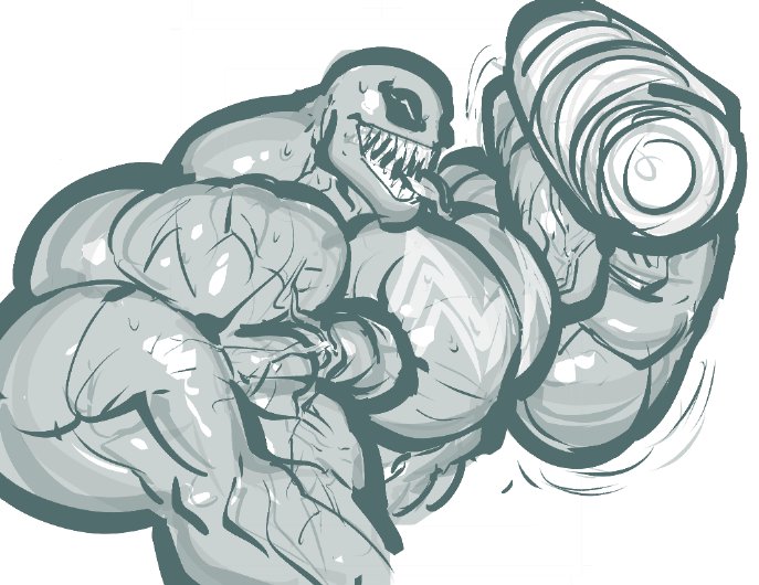 1boy abs bara biceps dumbbell grin huge_muscles humanoid male_only marvel monochrome muscular muscular_arms muscular_male muscular_neck nude pecs ripped-saurian sketch skinsuit smooth_skin solo symbiote teeth tongue tongue_out triceps veiny_arms veiny_muscles venom venom_(marvel)