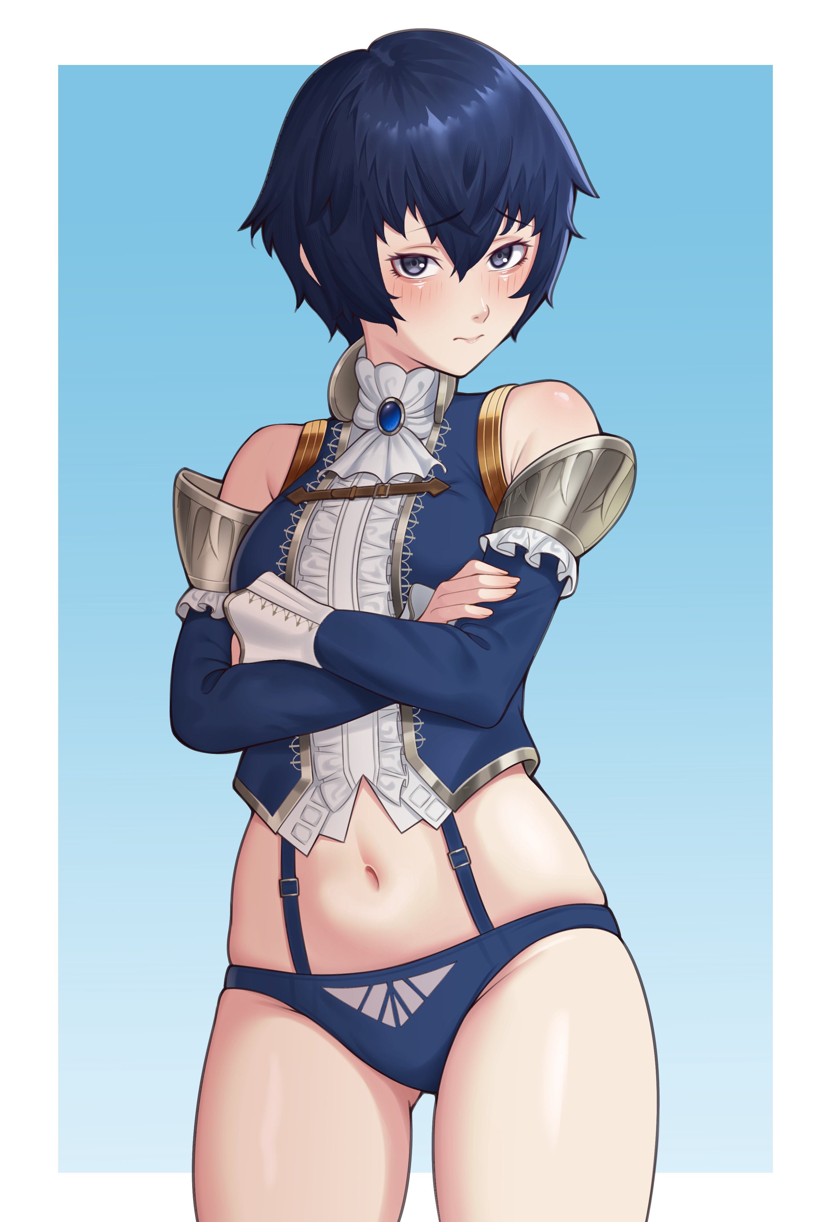 1girls, blue eyes, blue hair, blush, coronet armor (persona), eyebrows, eyebrows visible through hair, eyelashes, female, female focus, female only, hair, high-cut armor (persona), looking at viewer, midriff, official alternate costume, persona, persona 4, persona 4 the golden, shirogane naoto, short hair, solo, solo female, tomiiate