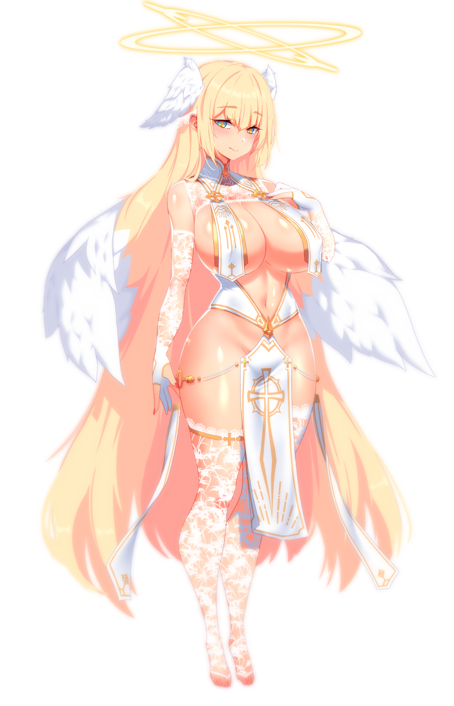 1girls angel angel_wings bangs bare_shoulders blonde_hair blush breast_curtains breasts cleavage dev_(dev0614) female full_body green_eyes halo head_wings highres huge_breasts long_hair looking_at_viewer navel original pelvic_curtain revealing_clothes smile solo thighhighs wings