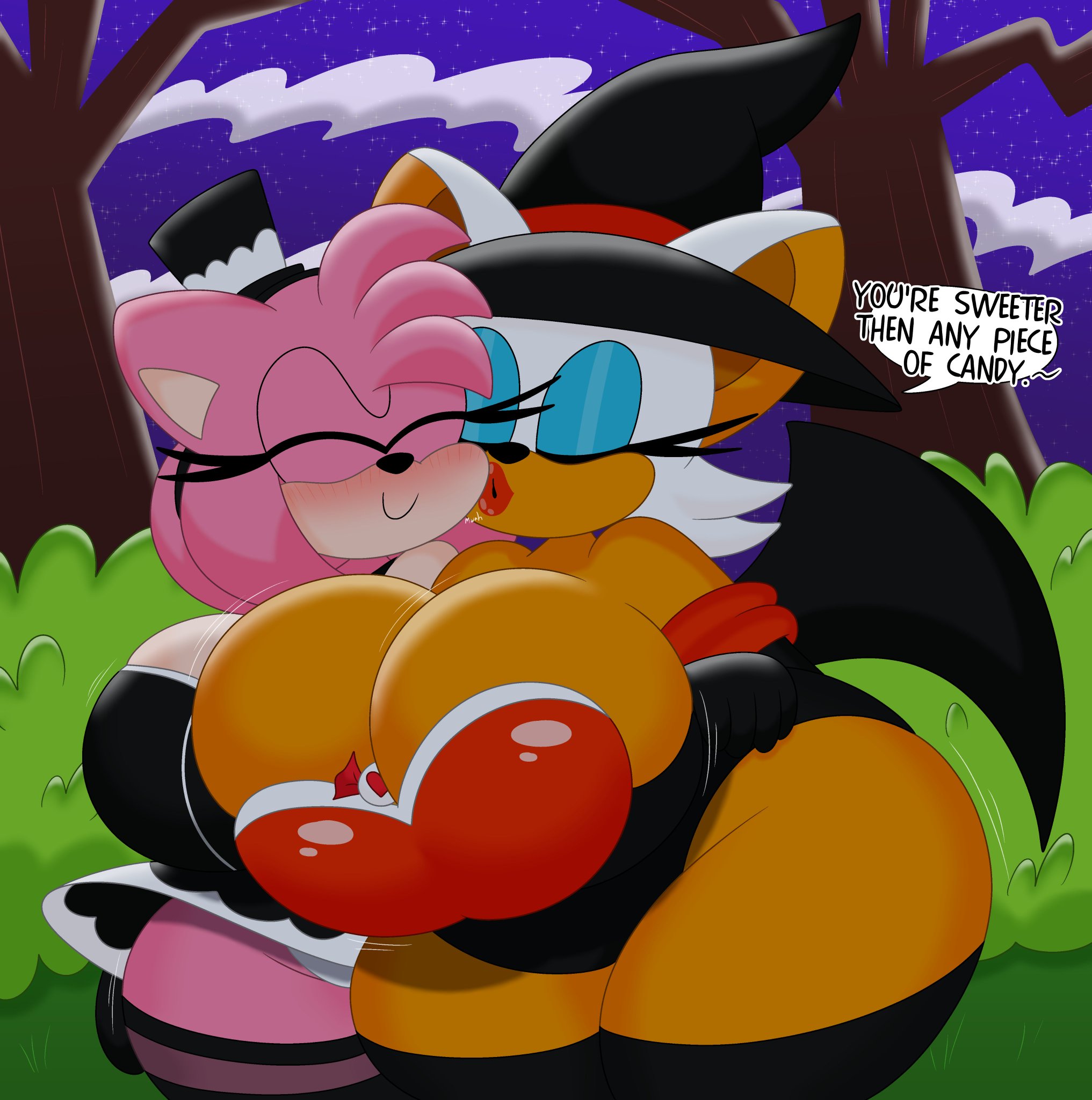 2d, 2girls, 3barts, amy rose, bat ears, bat girl, big ass, big breasts, big butt, breasts, english text, female, female/female, halloween, halloween costume, lipstick, mobian, mobian (species), mobian bat, night, pink body, rouge the bat, rubber, sega, sonic (series), sonic adventure 2, sonic the hedgehog (series)