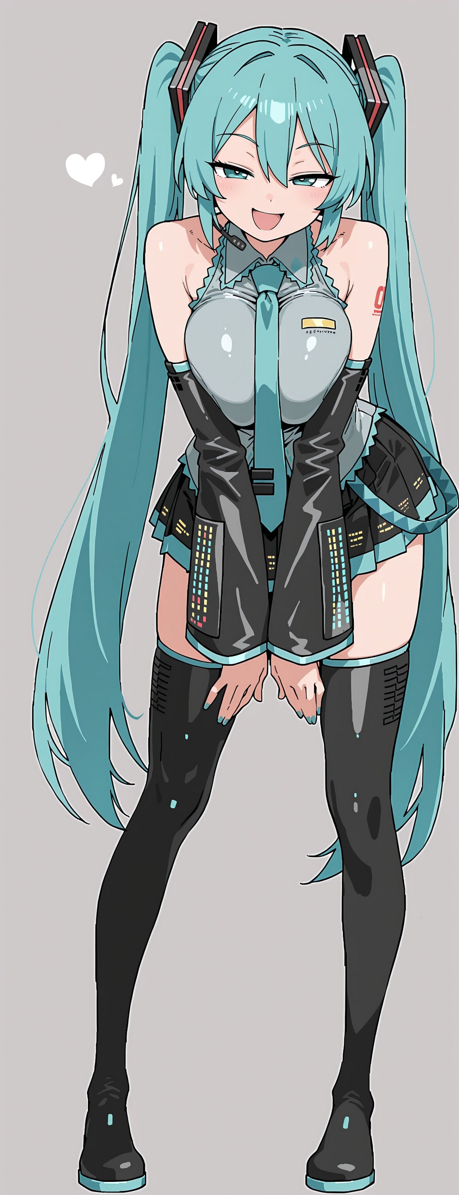 1girl, 1girls, 2025, 37bannai, ai generated, aqua eyes, aqua hair, aqua nails, bare shoulders, bare thighs, black footwear, blue eyes, blue hair, boots, breasts, clothed, clothing, detached sleeves, female, female only, full body, grey background, hatsune miku, heart, hi res, large breasts, leaning forward, long hair, looking at viewer, nail polish, necktie, number tattoo, open mouth, pleated skirt, shirt, simple background, skirt, sleeveless, smile, solo, tattoo, thick thighs, thigh boots, thighhighs, thighs, twintails, very long hair, vocaloid, zettai ryouiki