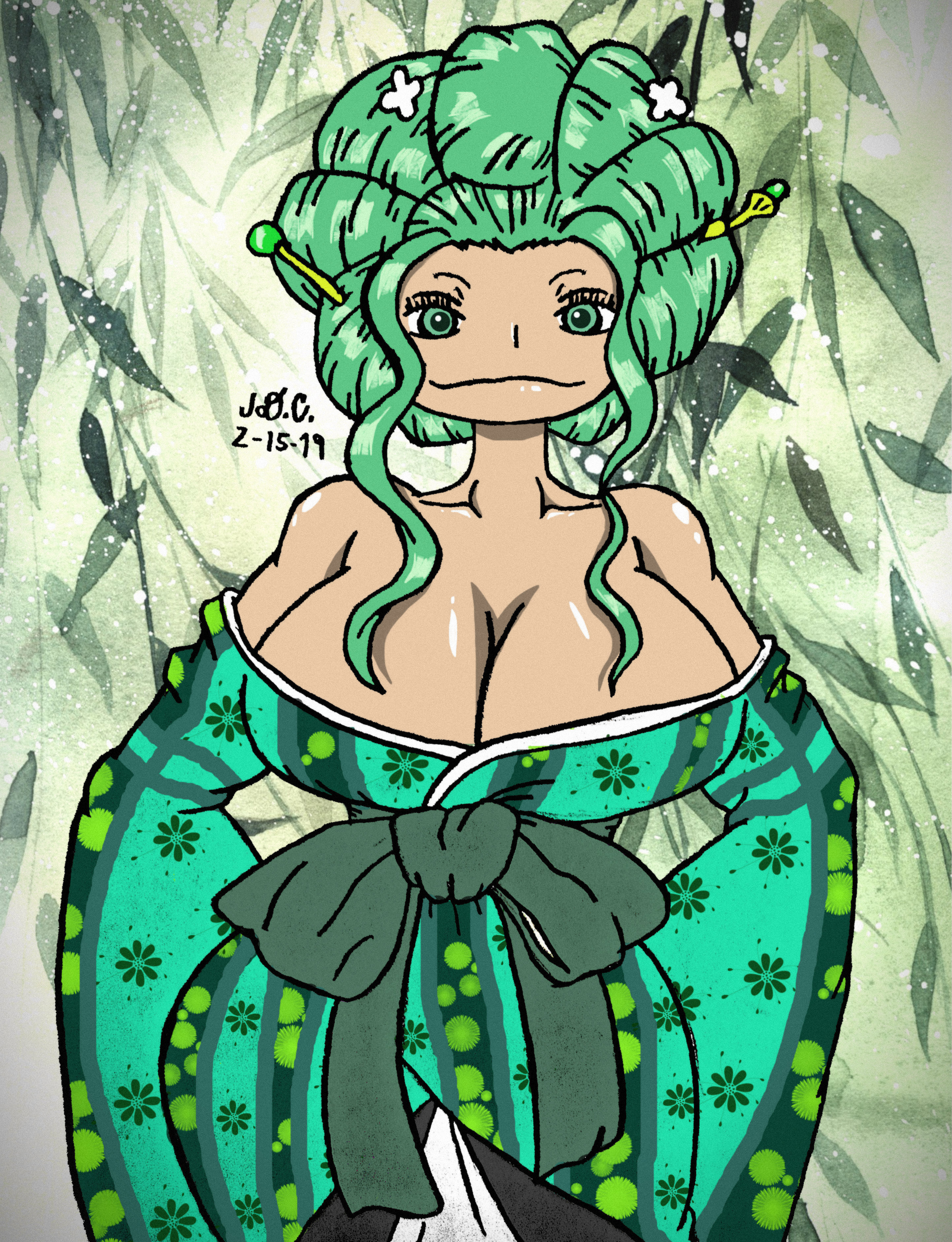 alternate hairstyle, artist signature, background, boa sandersonia, breasts, cleavage, female, female only, green eyes, green hair, hair ornament, huge breasts, jaylee2014, kimono, long sleeves, looking at viewer, one piece, solo, wide hips