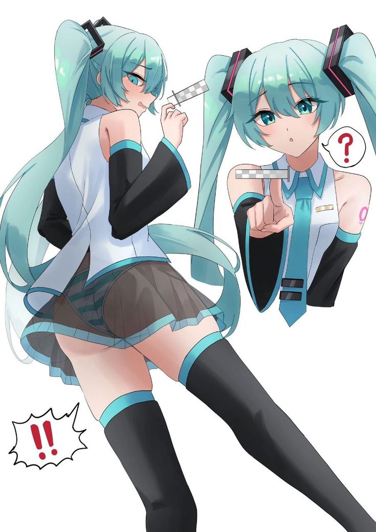 !, !!, ?, 1girl, aqua eyes, aqua hair, aqua necktie, ass, bangs, bare shoulders, big butt, black skirt, blue hair, blush, detached sleeves, hair ornament, hatsune miku, licking lips, long hair, looking at viewer, multiple views, necktie, open mouth, panties, pleated skirt, pointing, see through clothing, see-through, shirt, simple background, skindentation, skirt, sleeveless, sleeveless shirt, spoken exclamation mark, spoken question mark, striped, striped panties, tagme, thighhighs, tie, tight thigh highs, twintails, underwear, very long hair, vocaloid, white background, white shirt