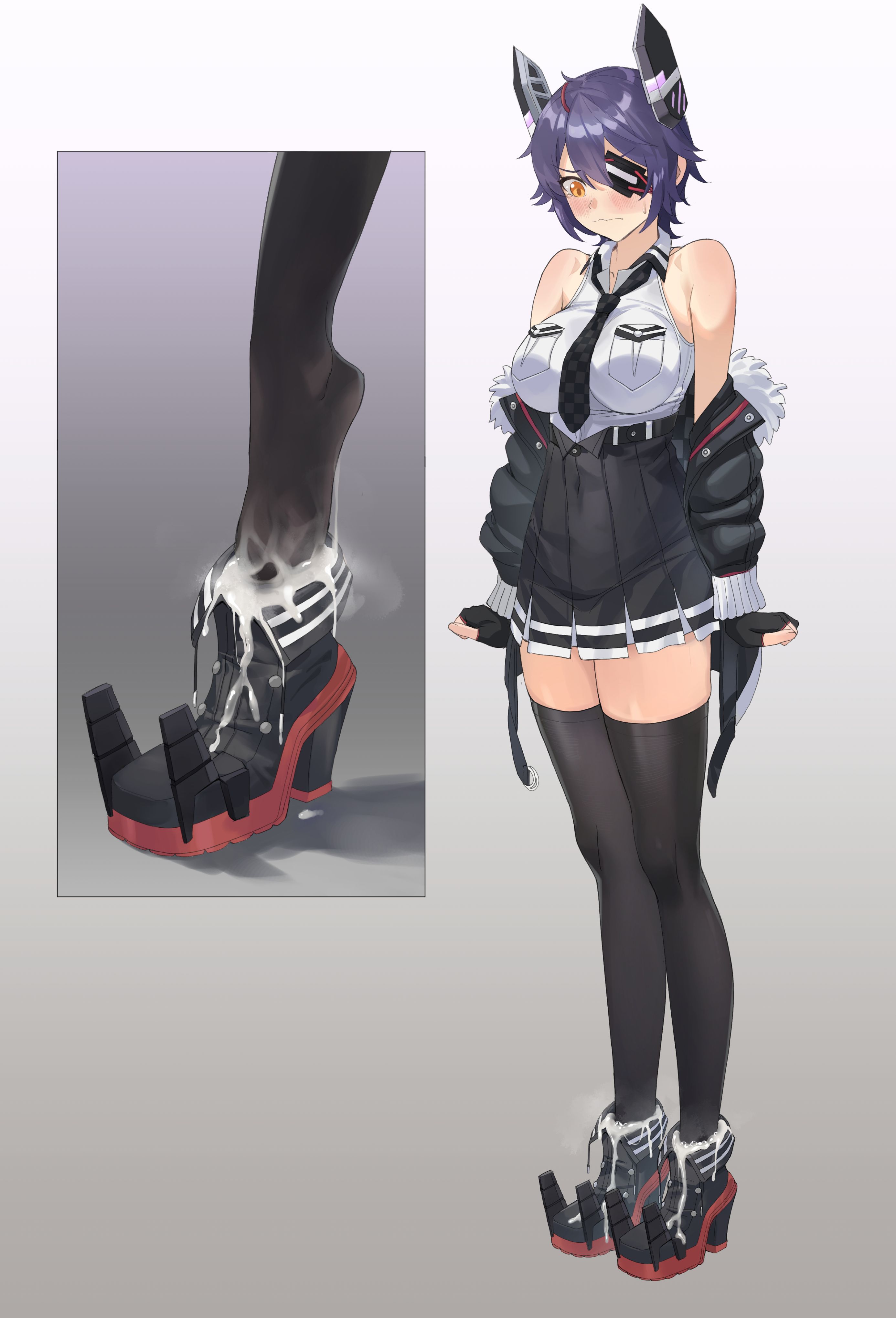 absurdres, bare shoulders, black gloves, black jacket, black skirt, breast pocket, breasts, checkered necktie, chuck (harfmoondark), closed mouth, cum, cum in footwear, cum on body, cum on clothes, cum on feet, eyepatch, feet, female, foot fetish, full body, gloves, hair between eyes, headgear, high-waist skirt, highres, jacket, kantai collection, large breasts, long legs, messy hair, miniskirt, necktie, open clothes, open jacket, partially fingerless gloves, pocket, purple hair, rudder footwear, school uniform, shirt, short hair, skirt, solo, standing, tenryuu (kancolle), tenryuu (kantai collection), tenryuu kai ni (kancolle), thighhighs, thighs, white shirt, yellow eyes