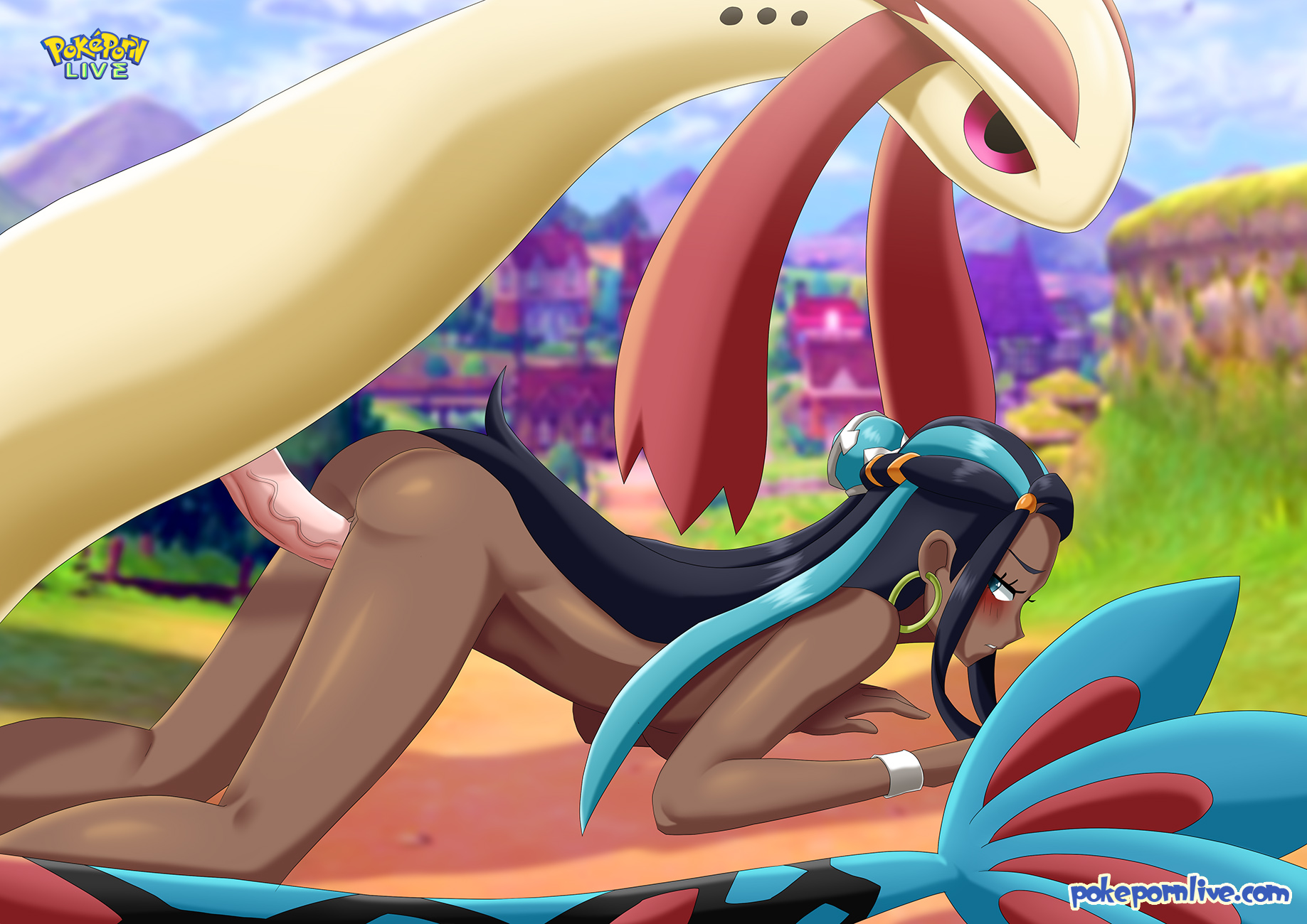 1boy, 1girls, all fours, ass, ass up, blush, dark skin, dark-skinned female, doggy style, female, hoop earrings, human, human female, implied vaginal, interspecies, looking back, male, male pokemon/female human, male/female, milotic, nessa (pokemon), on all fours, outdoor sex, outdoors, outside, penetration, pokemon, pokemon rse, pokemon ss, pokephilia, pokepornlive, pussy, sex, straight