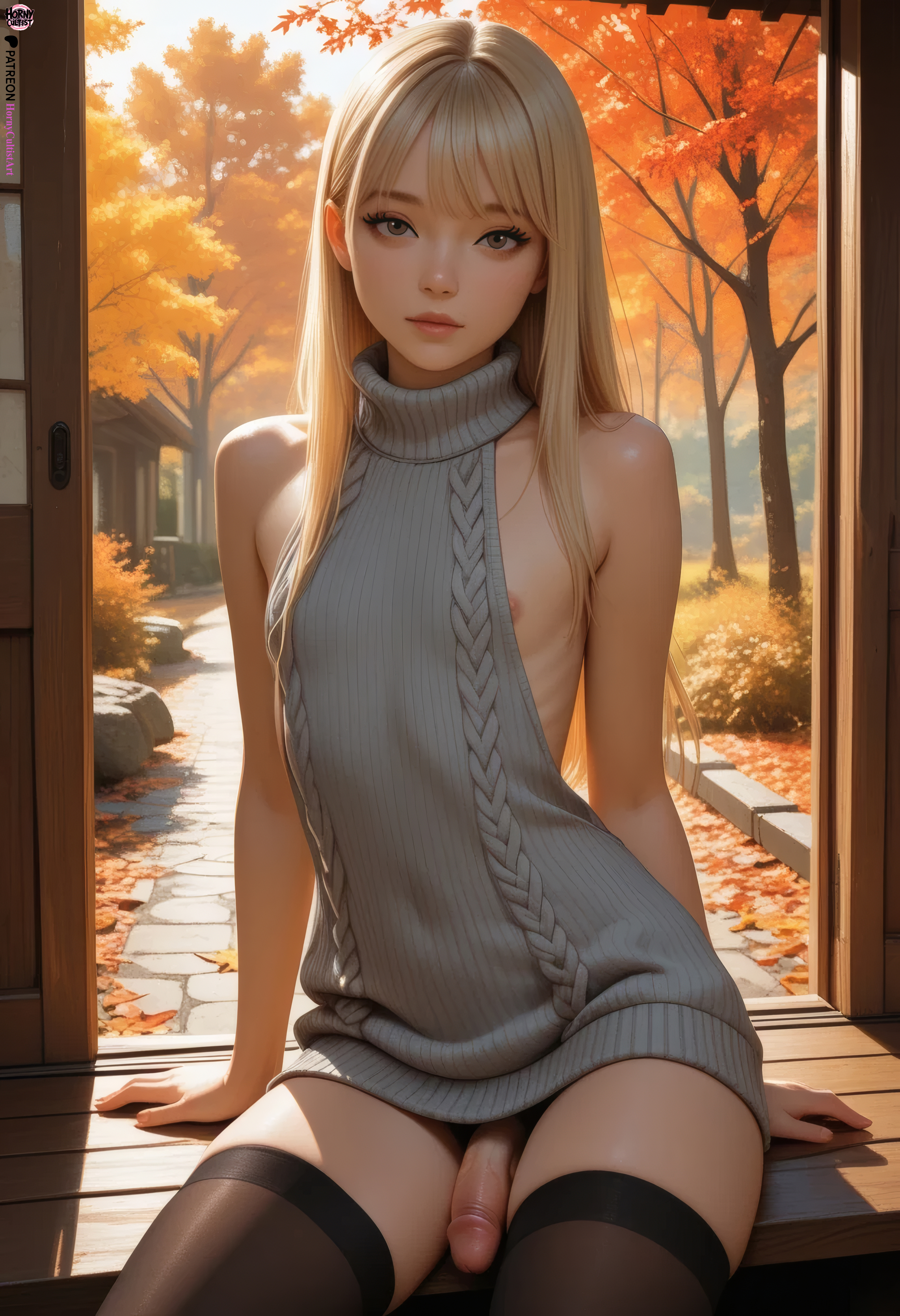 ai generated, autumn, blonde hair, cute, femboy, femboy only, flaccid penis, flat chest, horny cultist artist, male, patreon, patreon url, penis, sensual, sexy, stockings, straight hair, trap, virgin killer sweater
