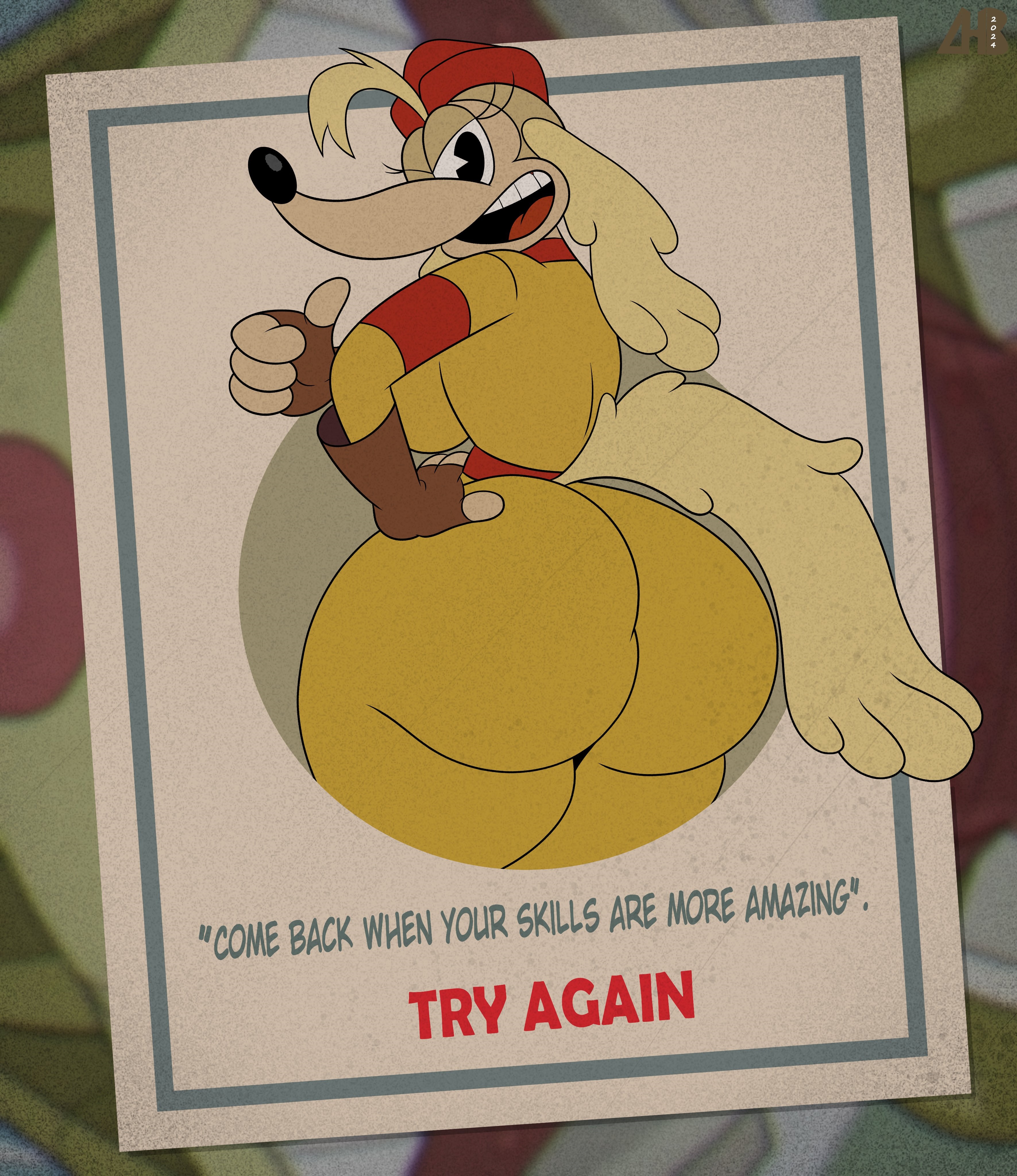 2024, absurd res, anthro, ass, big breasts, big butt, black eyes, blonde hair, breasts, canid, canine, canis, clothing, cuphead (game), curvy figure, detailed background, domestic dog, english text, female, fingerless gloves, gesture, gloves, hair, hand gesture, hand on butt, handwear, hat, headgear, headwear, hi res, huge butt, hunting dog, long hair, long tail, looking at viewer, looking back, luanctoons, mammal, one eye closed, open mouth, pilot saluki (cuphead), portrait, rear view, saluki, sergeant o'fera, sighthound, solo, standing, tail, tail aside, text, thick thighs, three-quarter portrait, thumbs up, twitter, video game reference, wide hips, yellow tail