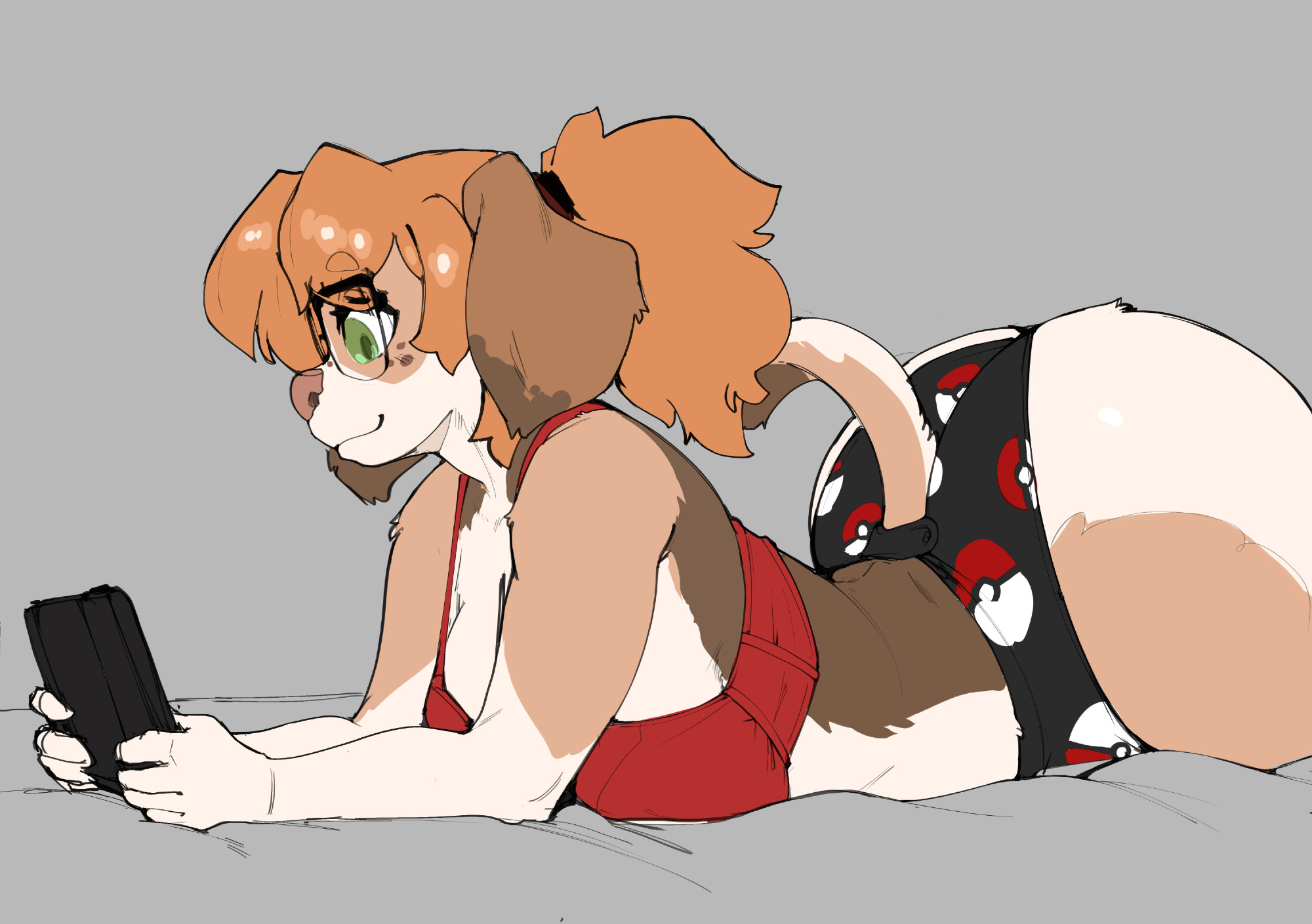 anthro, bailey (the dogsmith), big ass, big breasts, bra, breasts, canid, canine, canis, domestic dog, female, female only, glasses, holding object, inu-sama, laying on bed, laying on stomach, only female, playing videogame, pokeball print, ponytail, the dogsmith, thick thighs, underwear, underwear only