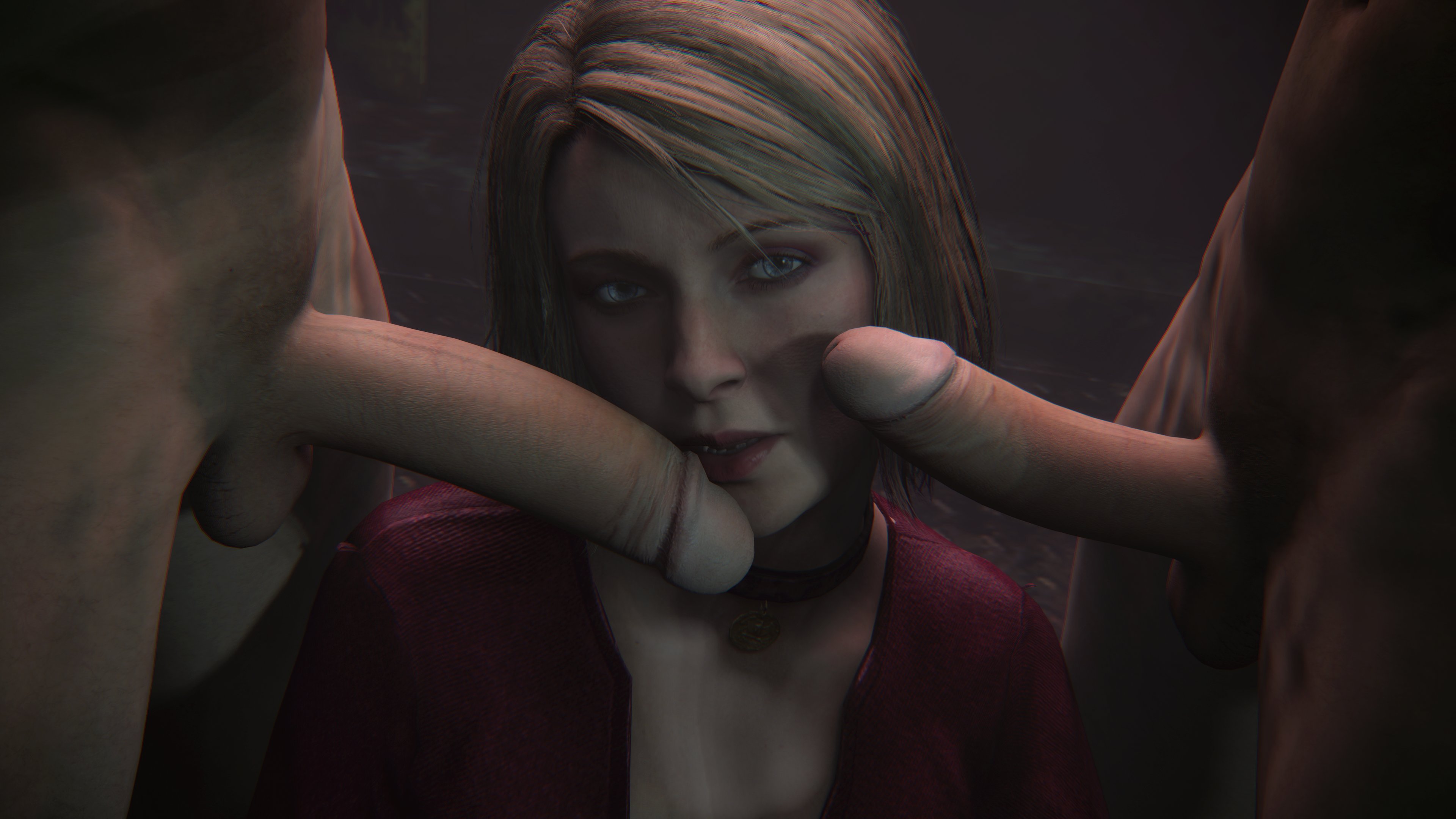 1girls, 2boys, 3d, balls, blonde hair, creasesfm, erection, female, konami, lyfehuntscythe, male, maria (silent hill), penis, silent hill, silent hill 2
