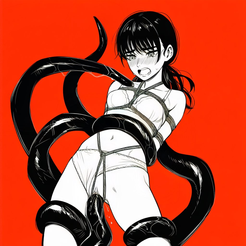 ai assisted, ai generated, black hair, blush, bondage, chainsaw man, crying, female, kokenaart, mitaka asa, monochrome, pussy, rape, tears, tentacle, tentacle rape, underwear