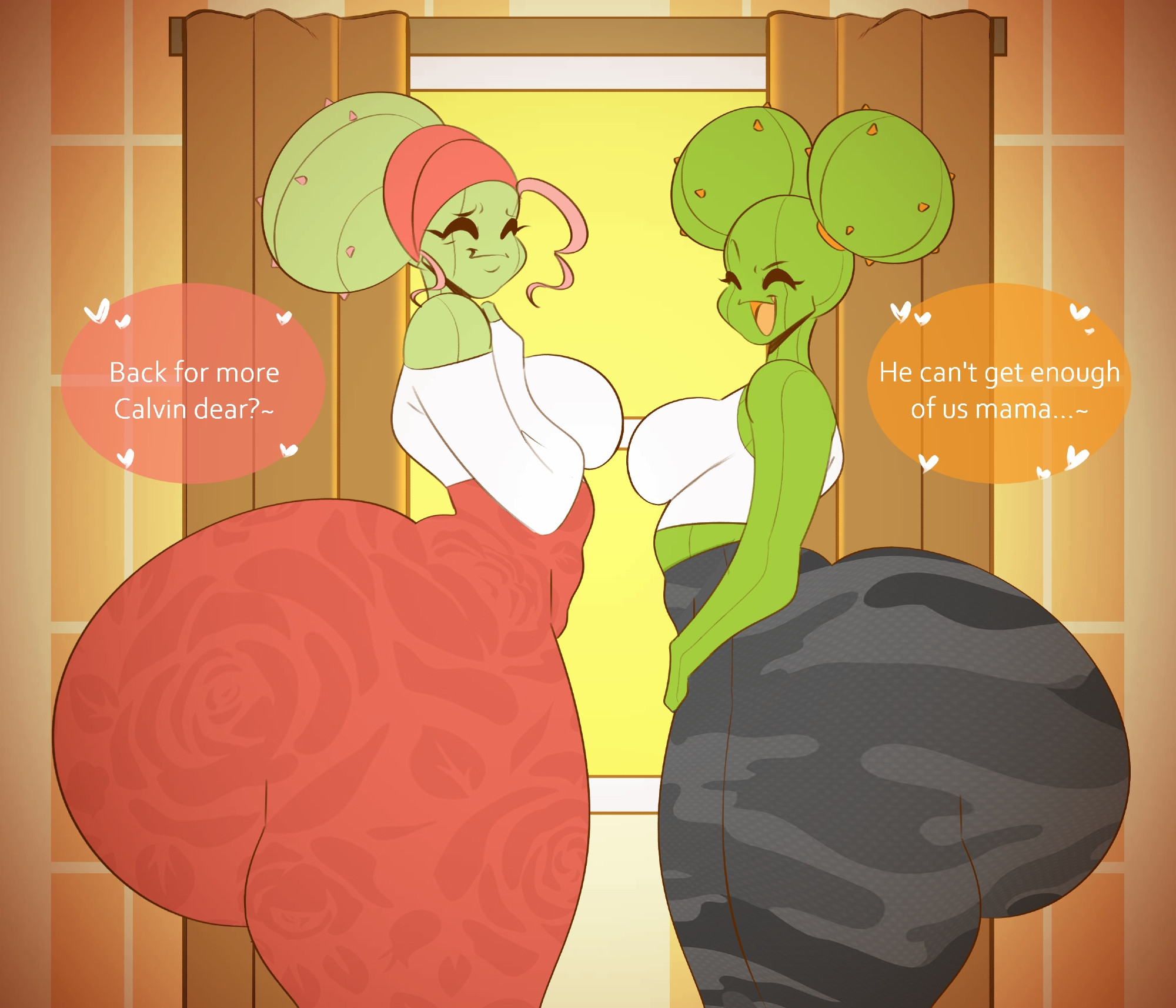 2girls, ass, ass bigger than head, ass bigger than torso, big ass, breasts, bubble butt, cactus girl, cactus humanoid, cassie (jetscroll), dat ass, dialog, dialogue bubble, fat ass, female, flat colors, forbidden pants, gigantic ass, huge ass, hyper, hyper ass, imminent sex, jetscroll, katherine (jetscroll), massive ass, milf, mother and daughter, original, original character, round ass, round butt, side boob, side view, speech bubble, text, thick ass, thick hips, thick legs, thick thighs